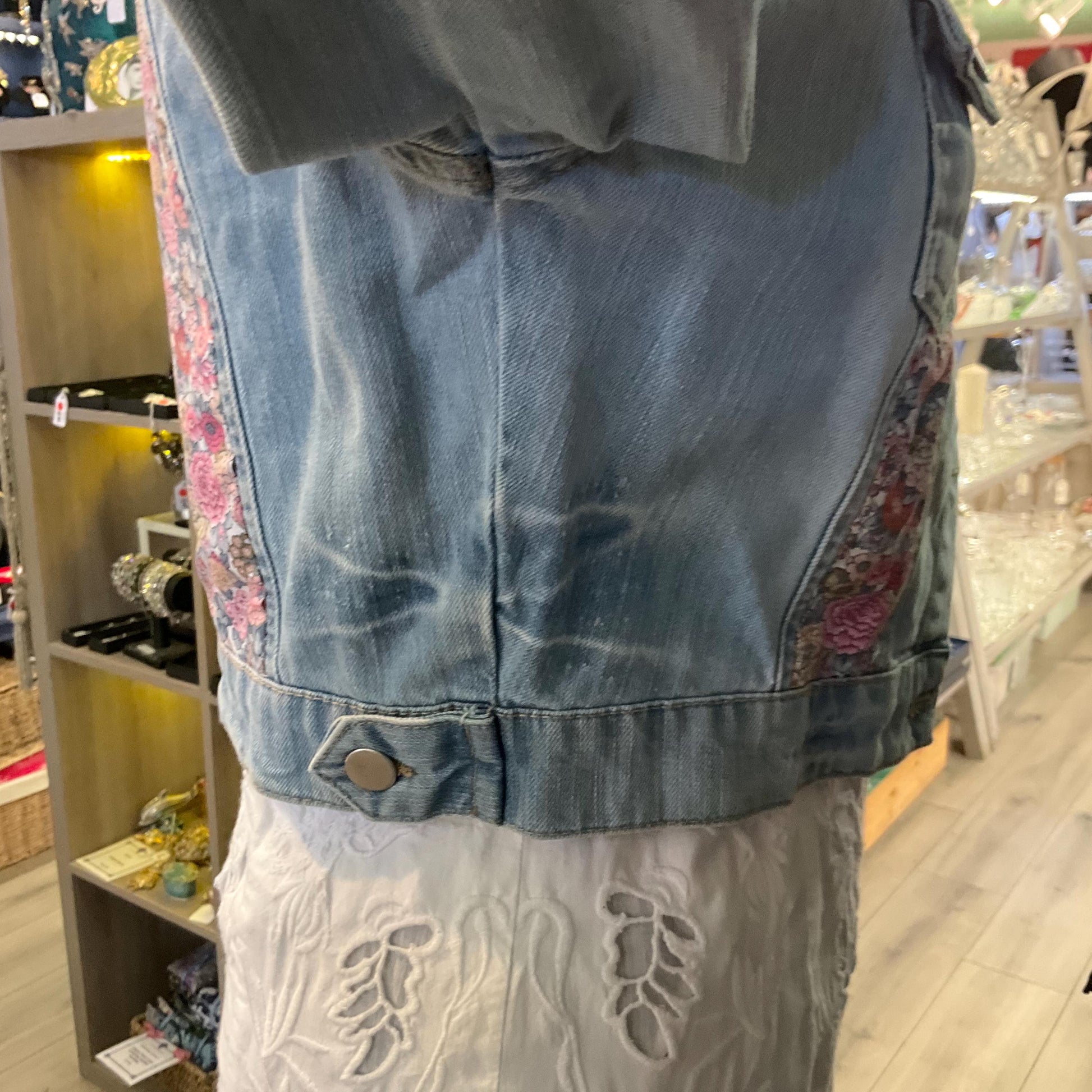 Up- cycled Unique Vintage Cropped Denim Jacked with Liberty ‘ Elysian Day’ Fabric, size UK 10/12
