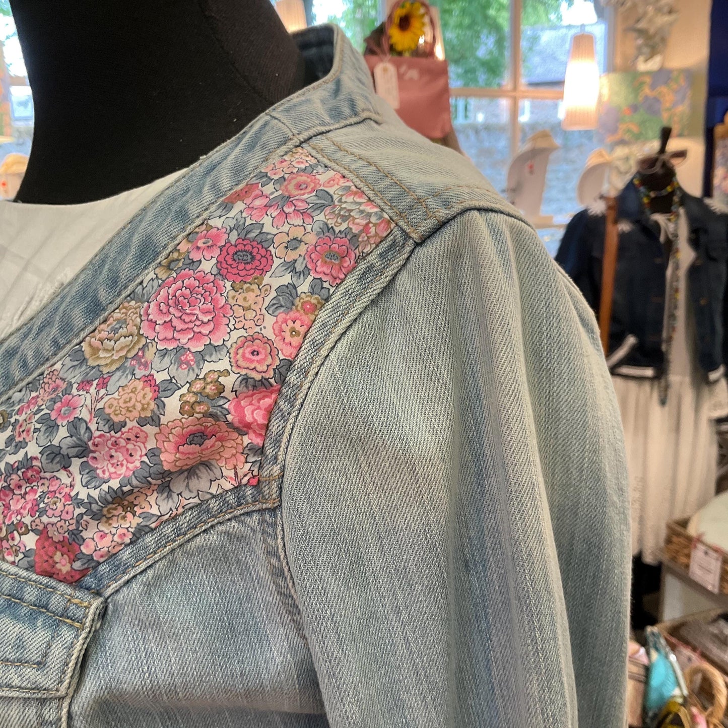 Up- cycled Unique Vintage Cropped Denim Jacked with Liberty ‘ Elysian Day’ Fabric, size UK 10/12