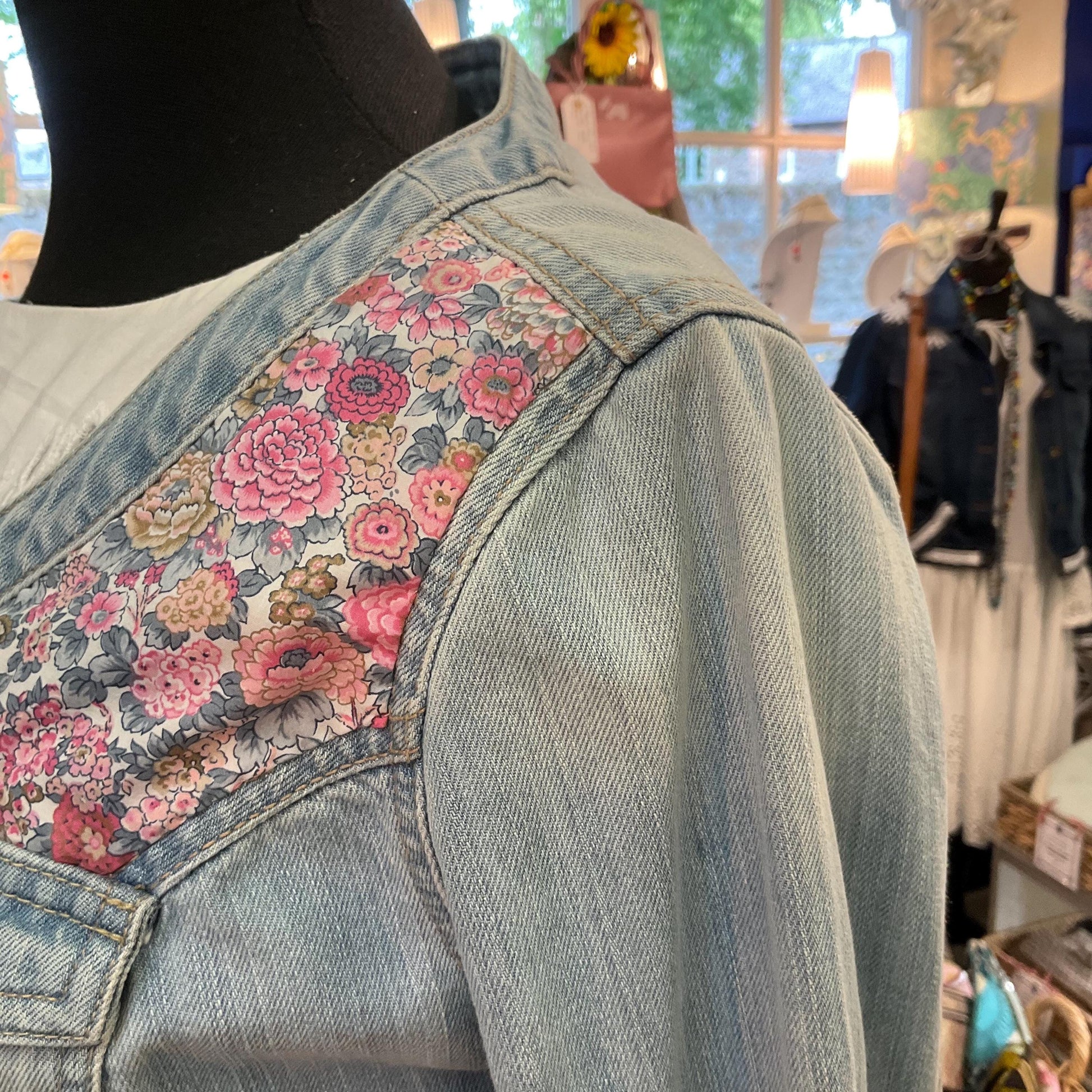 Up- cycled Unique Vintage Cropped Denim Jacked with Liberty ‘ Elysian Day’ Fabric, size UK 10/12