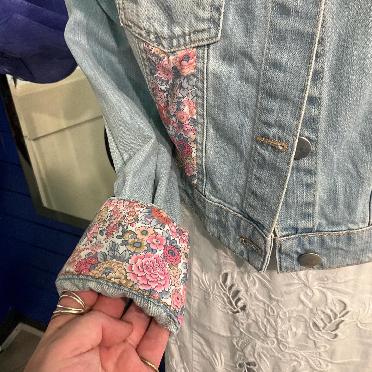 Up- cycled Unique Vintage Cropped Denim Jacked with Liberty ‘ Elysian Day’ Fabric, size UK 10/12