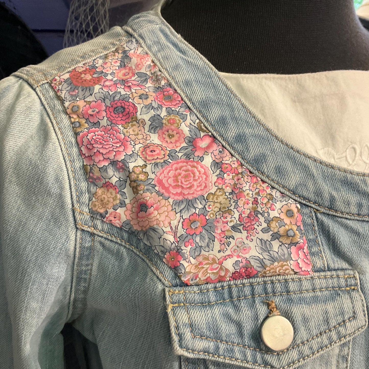 Up- cycled Unique Vintage Cropped Denim Jacked with Liberty ‘ Elysian Day’ Fabric, size UK 10/12