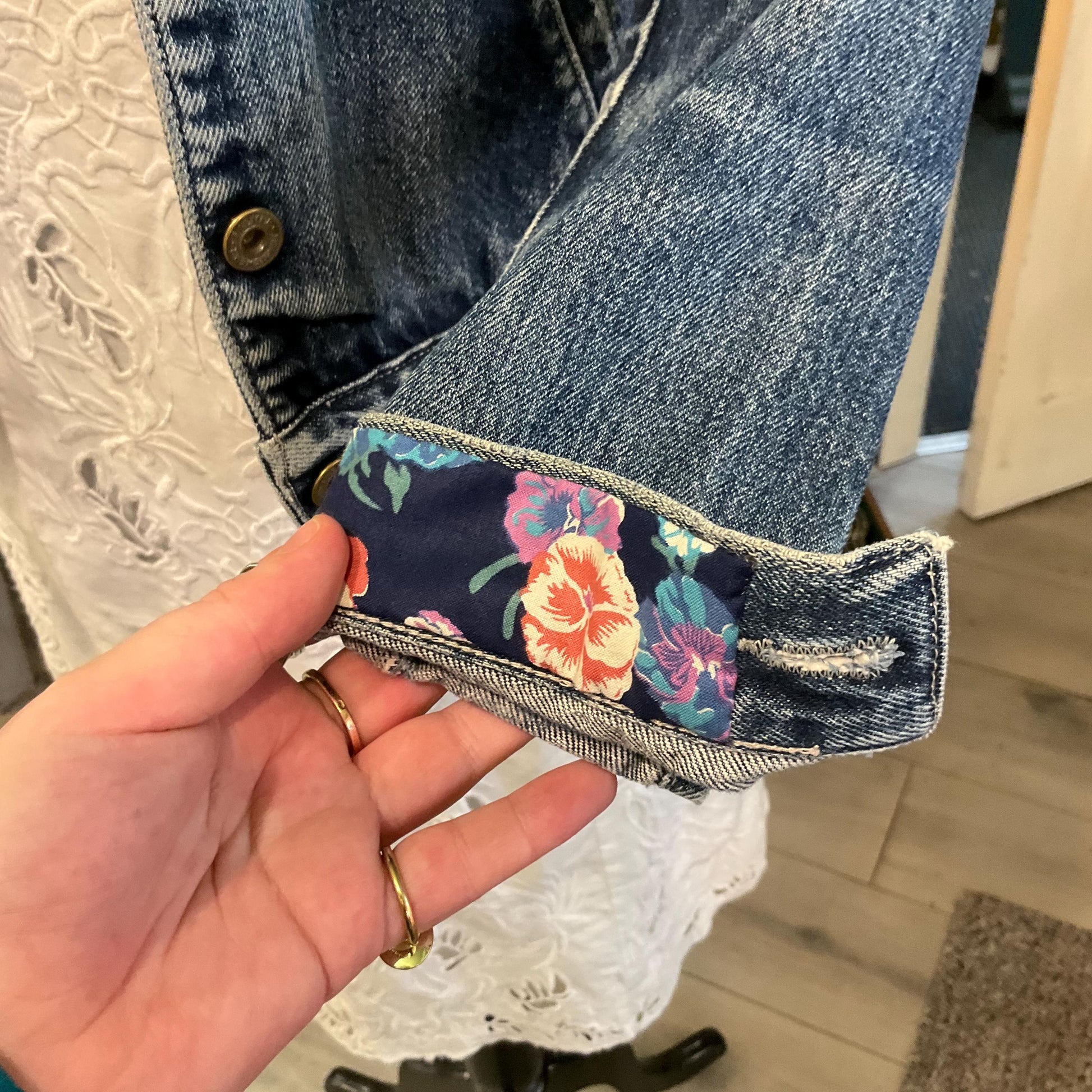 Up-cycled Unique Pre loved Denim Jacket with 1970s Liberty Pansy Fabric, size UK 10/12