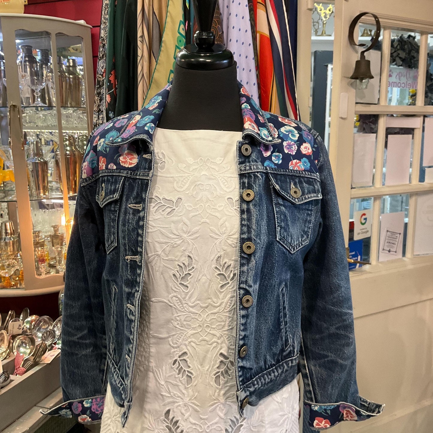 Up-cycled Unique Pre loved Denim Jacket with 1970s Liberty Pansy Fabric, size UK 10/12