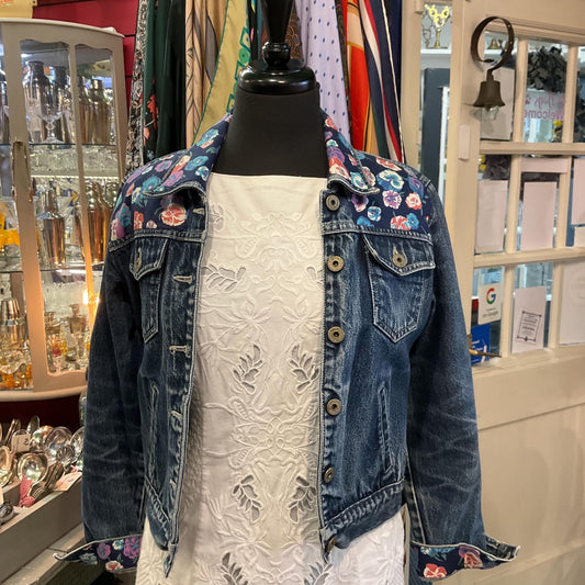 Up-cycled Unique Pre loved Denim Jacket with 1970s Liberty Pansy Fabric, size UK 10/12