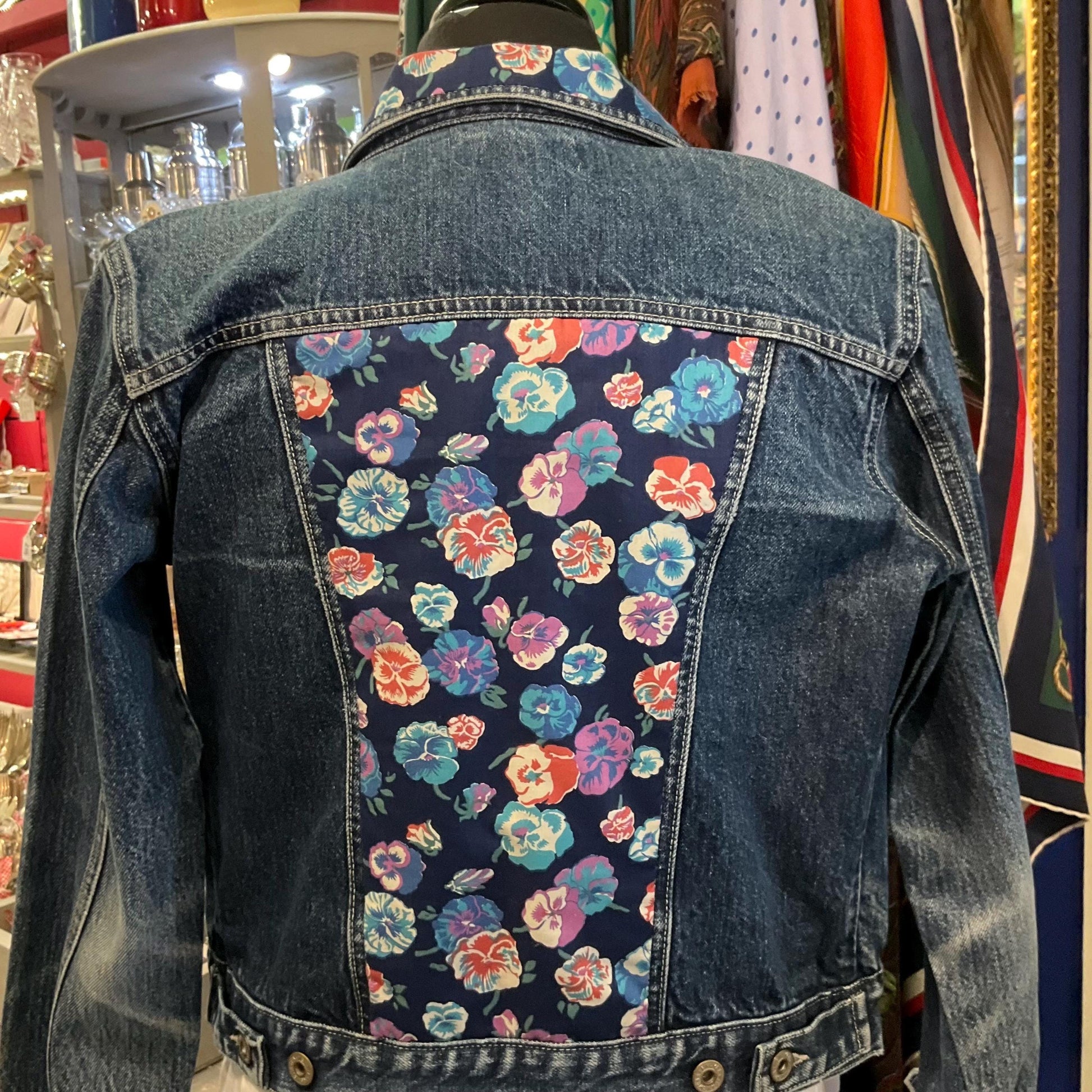 Up-cycled Unique Pre loved Denim Jacket with 1970s Liberty Pansy Fabric, size UK 10/12