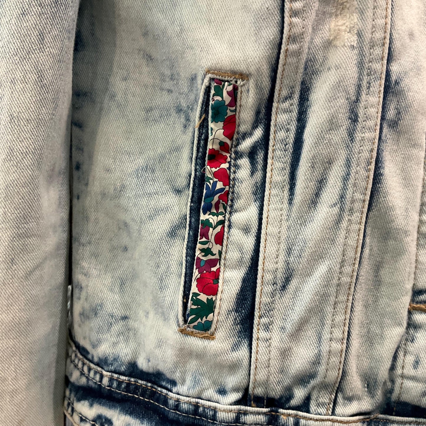 Up- cycled Unique Vintage Distressed Denim Jacket with Liberty’Poppy and Daisy’ Tana Lawn, Size UK 10