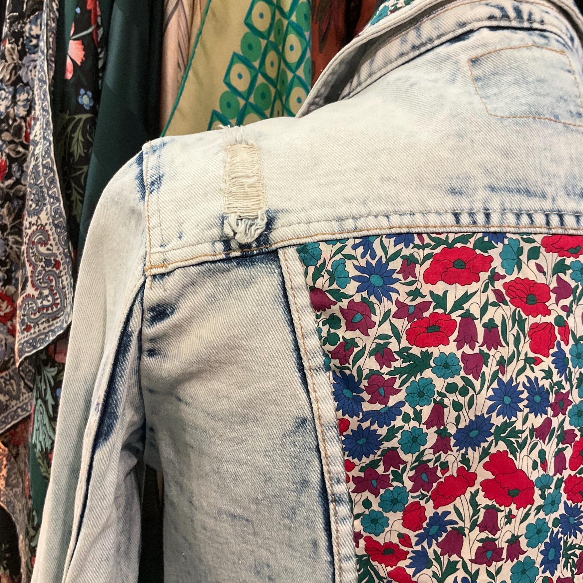 Up- cycled Unique Vintage Distressed Denim Jacket with Liberty’Poppy and Daisy’ Tana Lawn, Size UK 10