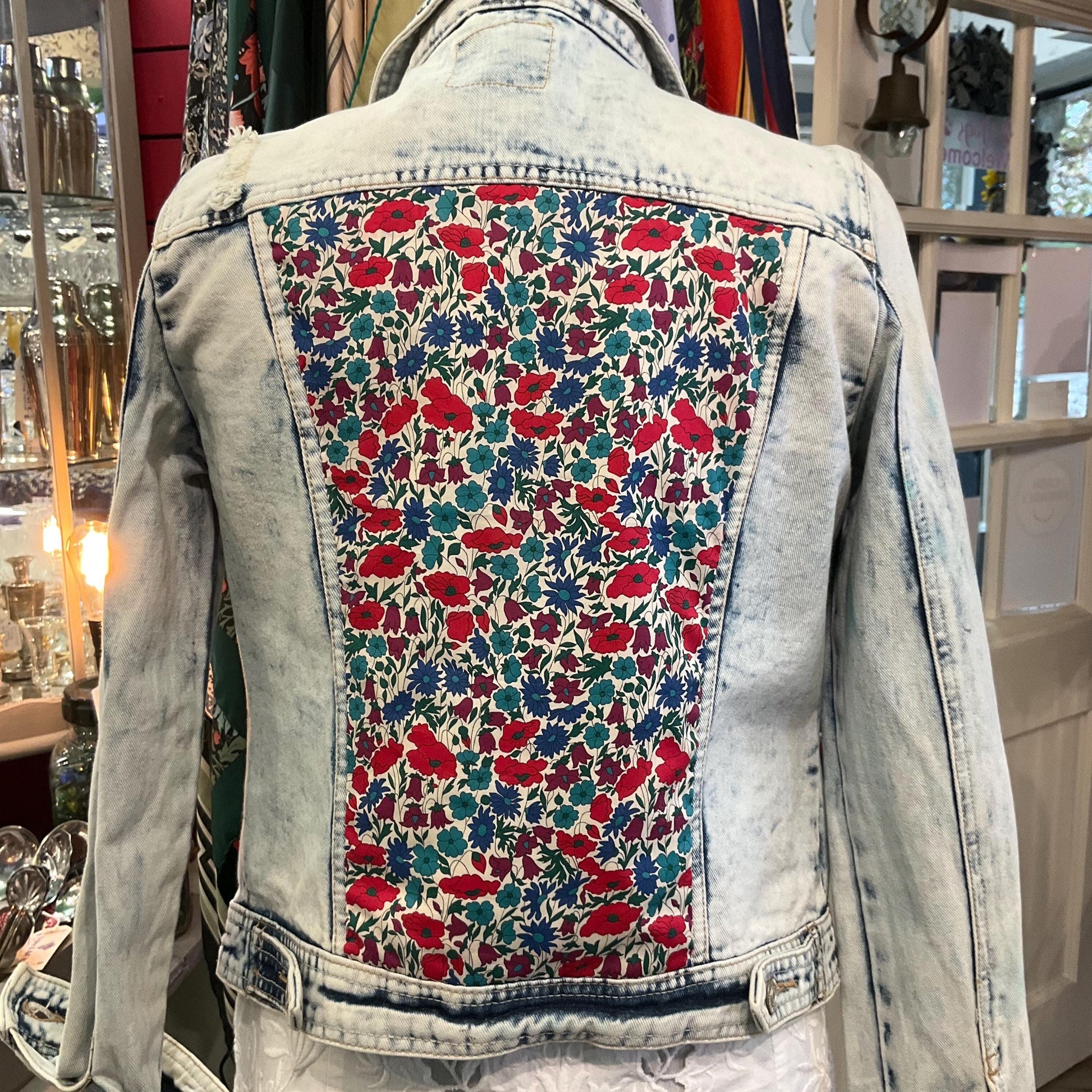 Up- cycled Unique Vintage Distressed Denim Jacket with Liberty’Poppy and Daisy’ Tana Lawn, Size UK 10
