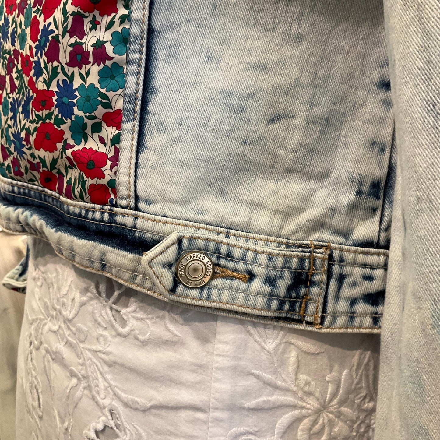 Up- cycled Unique Vintage Distressed Denim Jacket with Liberty’Poppy and Daisy’ Tana Lawn, Size UK 10