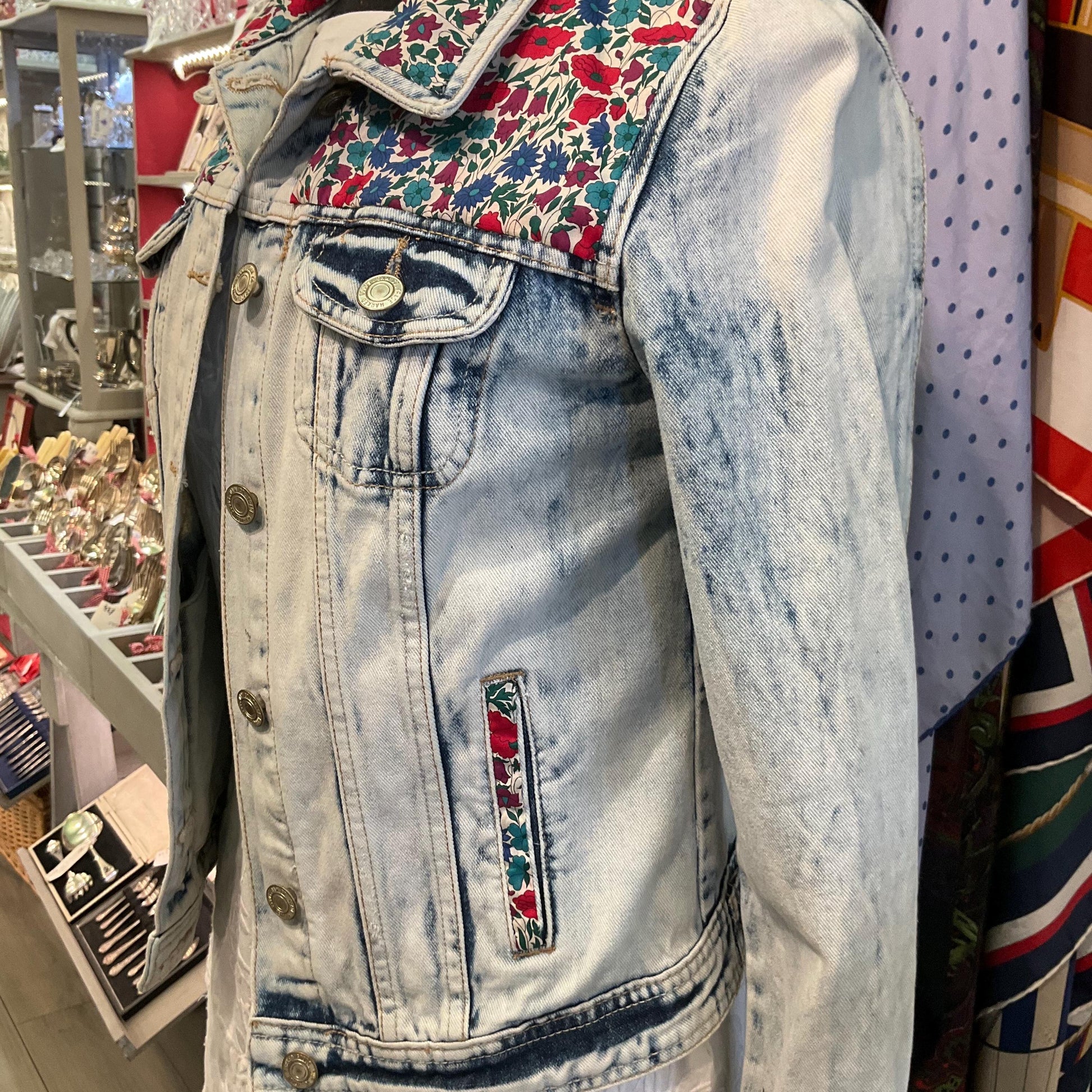 Up- cycled Unique Vintage Distressed Denim Jacket with Liberty’Poppy and Daisy’ Tana Lawn, Size UK 10