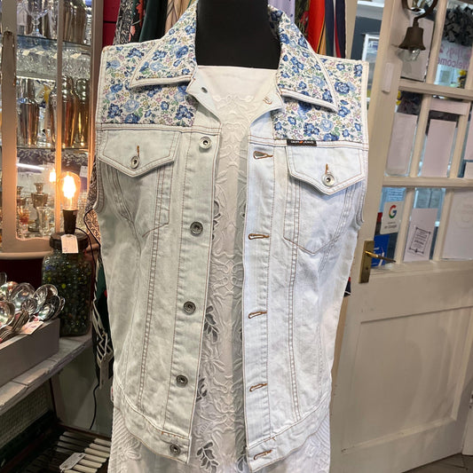 Up- cycled Unique Vintage DKNY JEANS White/Palest Blue Denim Gillet with LIBERTY ‘Felicite’ Tana Lawn, Size M