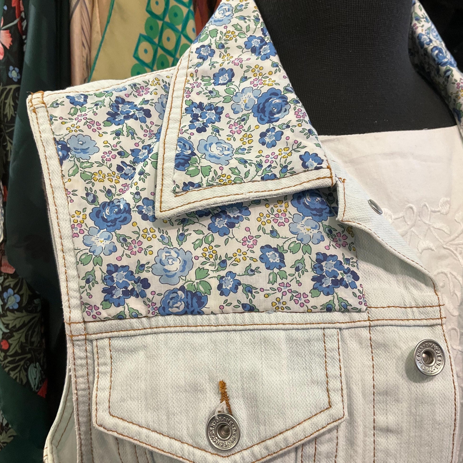 Up- cycled Unique Vintage DKNY JEANS White/Palest Blue Denim Gillet with LIBERTY ‘Felicite’ Tana Lawn, Size M