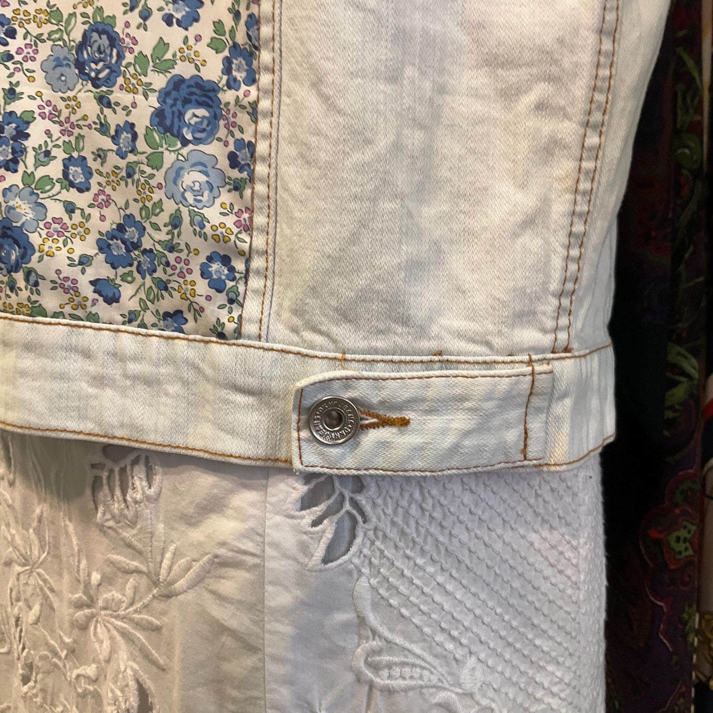 Up- cycled Unique Vintage DKNY JEANS White/Palest Blue Denim Gillet with LIBERTY ‘Felicite’ Tana Lawn, Size M