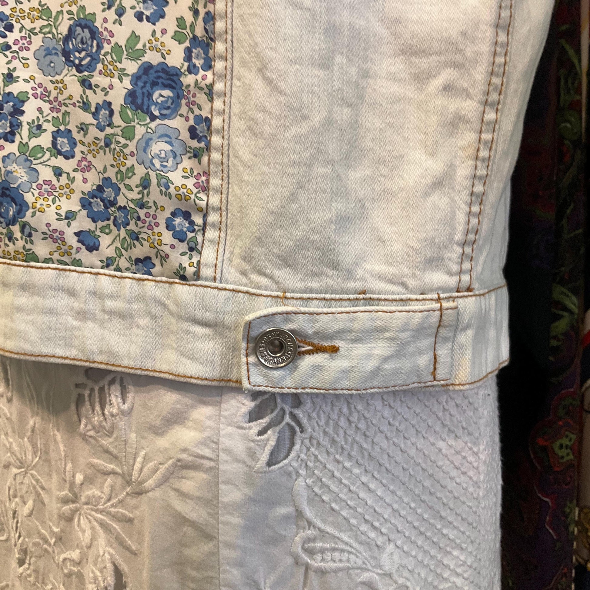 Up- cycled Unique Vintage DKNY JEANS White/Palest Blue Denim Gillet with LIBERTY ‘Felicite’ Tana Lawn, Size M