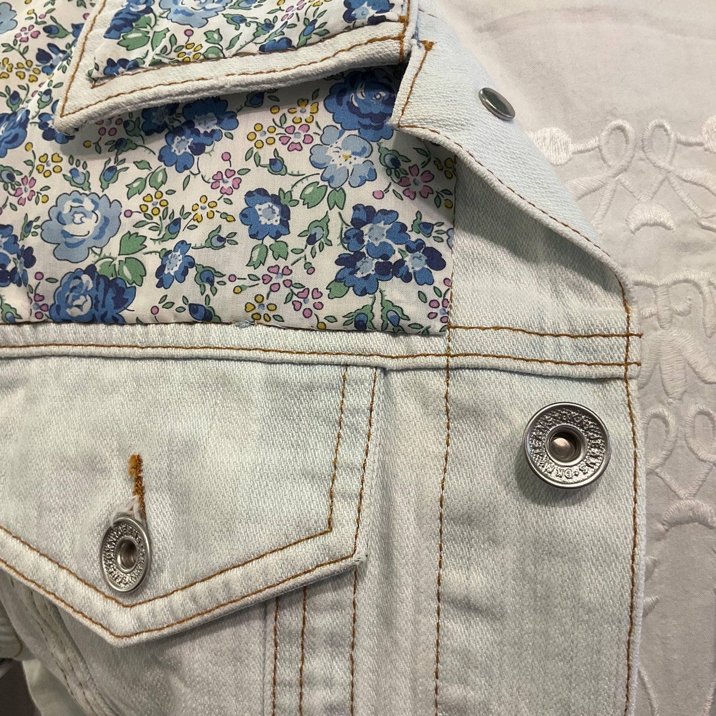 Up- cycled Unique Vintage DKNY JEANS White/Palest Blue Denim Gillet with LIBERTY ‘Felicite’ Tana Lawn, Size M