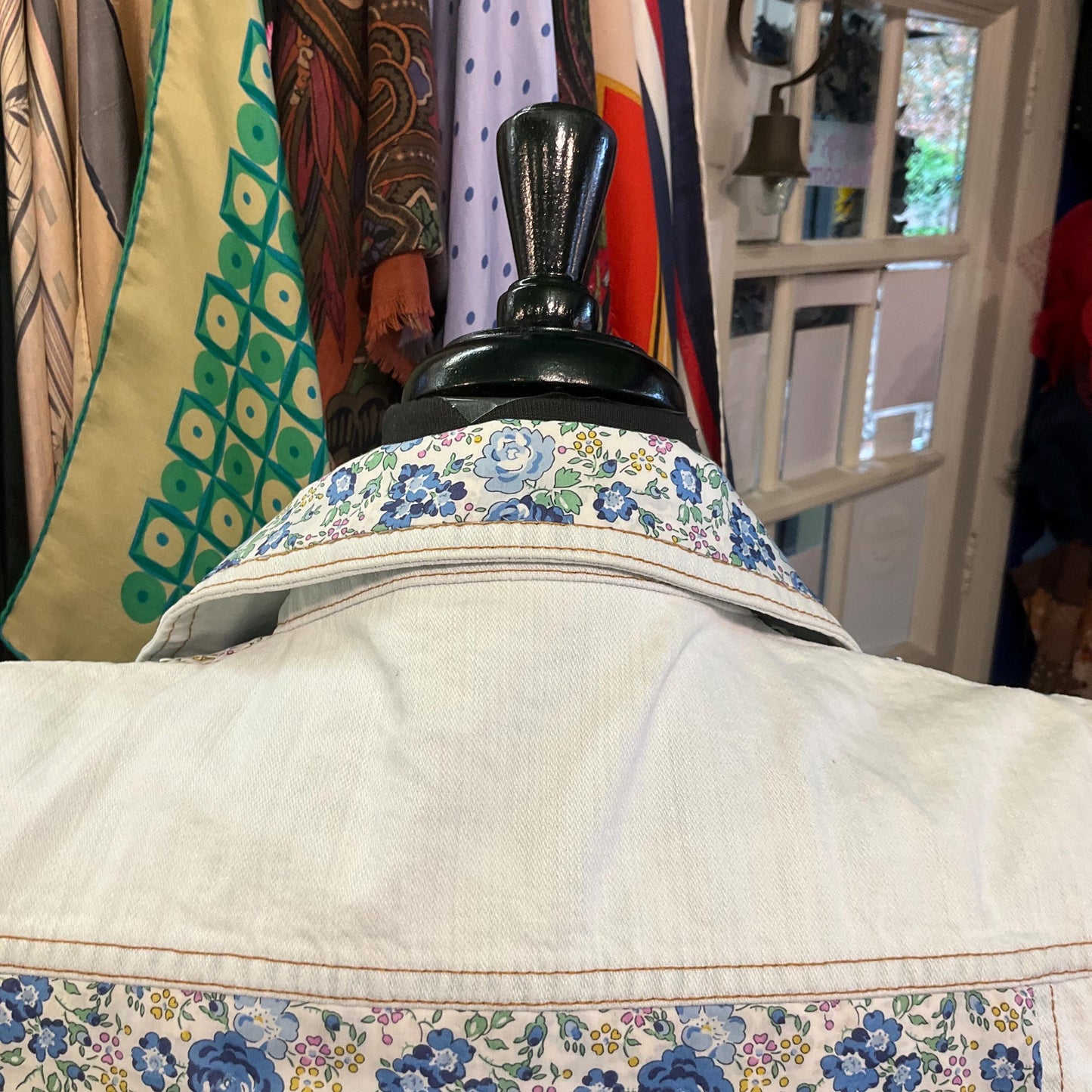 Up- cycled Unique Vintage DKNY JEANS White/Palest Blue Denim Gillet with LIBERTY ‘Felicite’ Tana Lawn, Size M