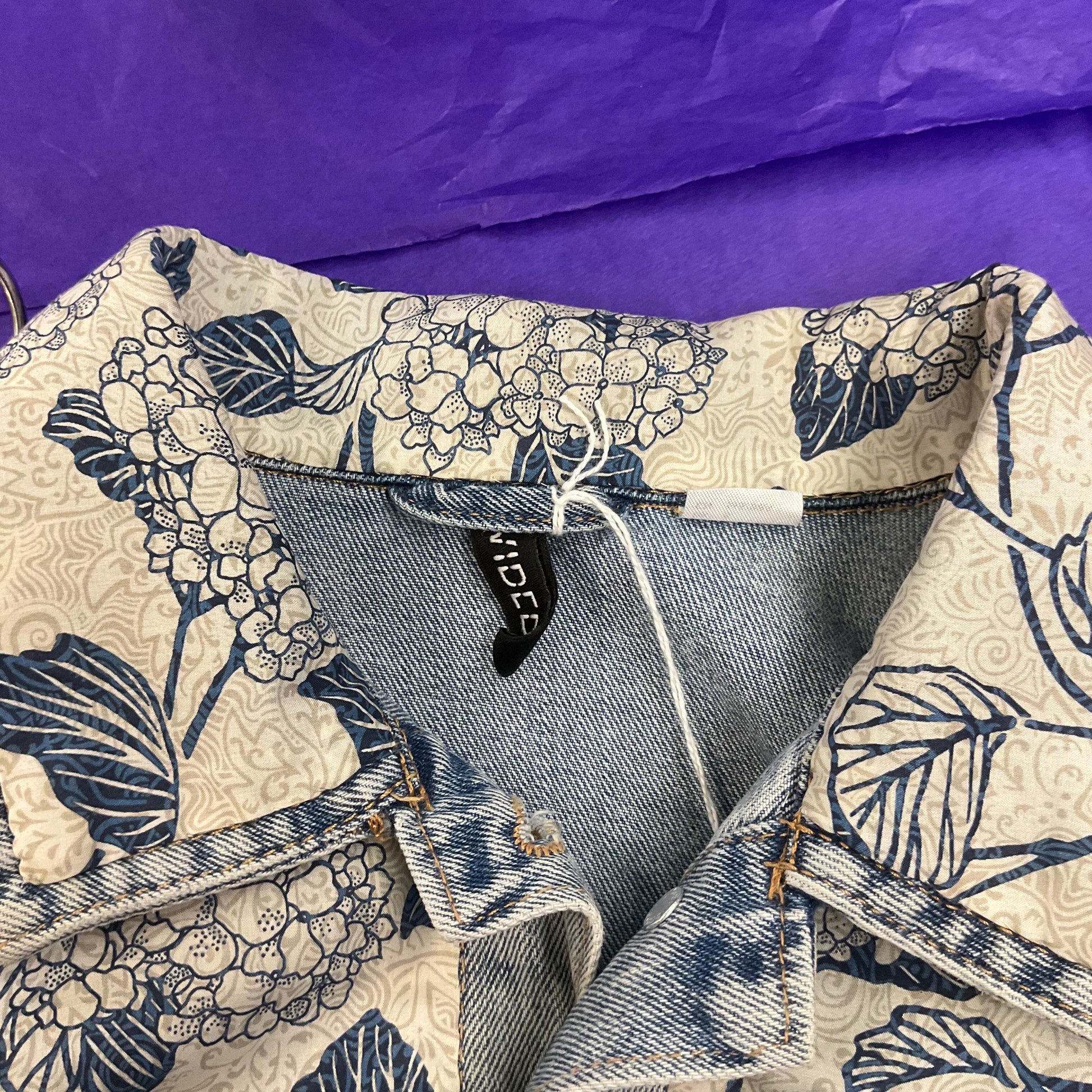 Up- cycled Unique Vintage Longline Denim Jacket with LIBERTY ‘Honduras’ Tana Lawn, Size UK 12/14
