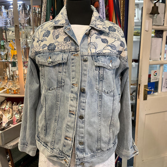 Up- cycled Unique Vintage Longline Denim Jacket with LIBERTY ‘Honduras’ Tana Lawn, Size UK 12/14