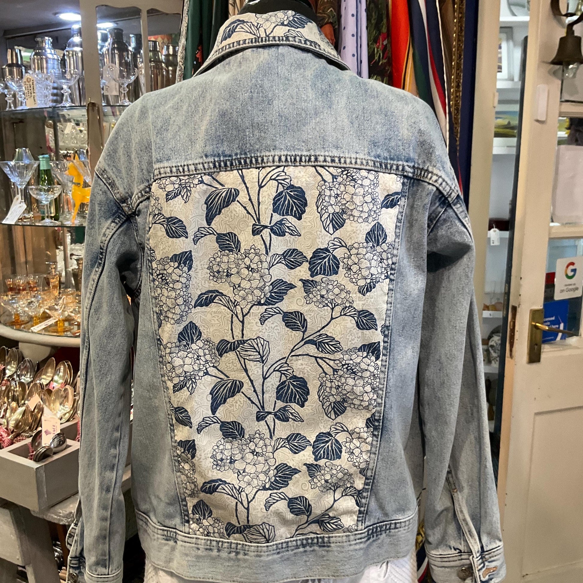 Up- cycled Unique Vintage Longline Denim Jacket with LIBERTY ‘Honduras’ Tana Lawn, Size UK 12/14