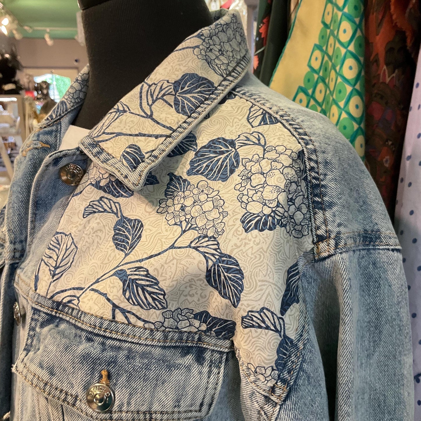 Up- cycled Unique Vintage Longline Denim Jacket with LIBERTY ‘Honduras’ Tana Lawn, Size UK 12/14