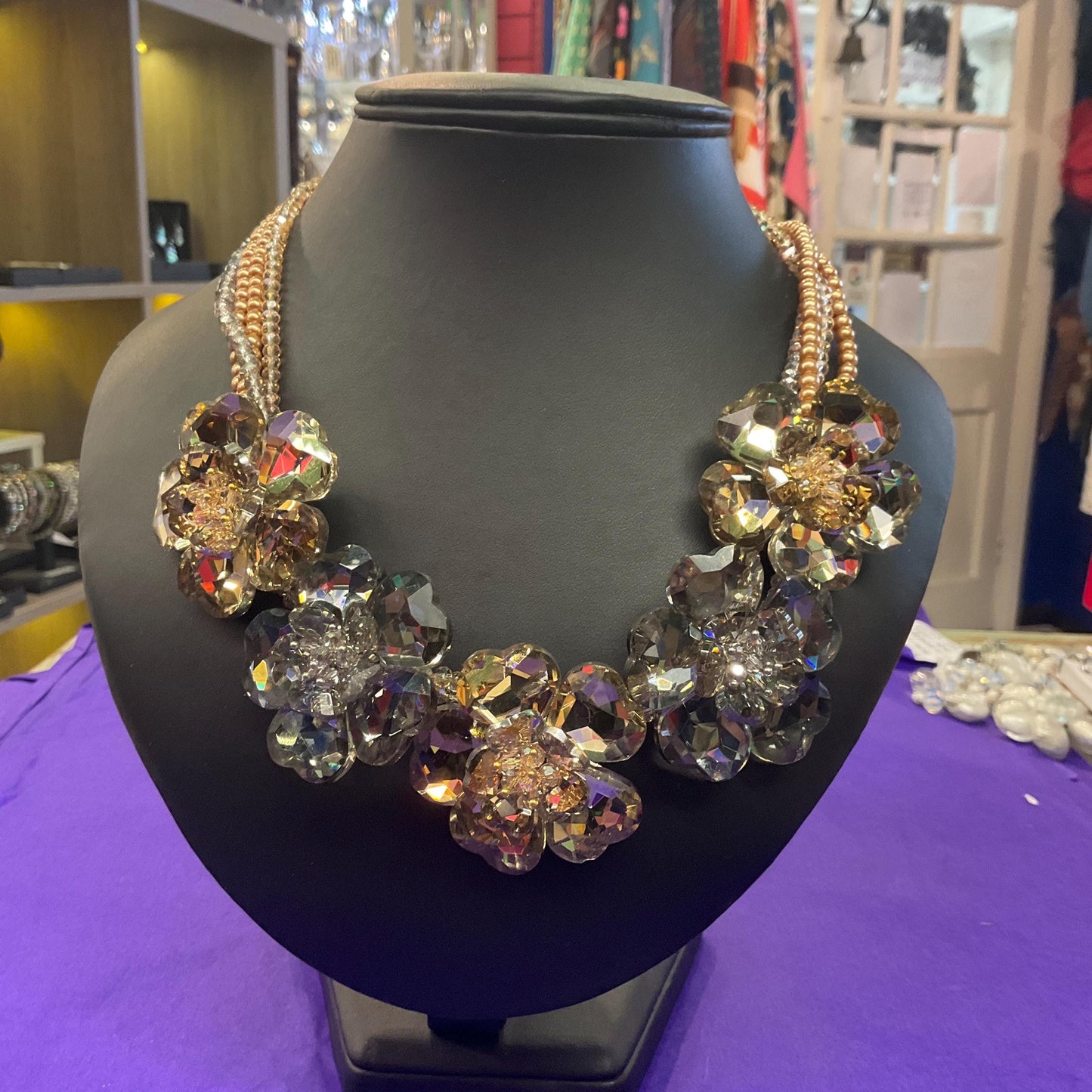 Vintage Butler and Wilson Gold and Silver Crystal Floral Statement Necklace, Mulitiple faceted crystal and faux pearl strands