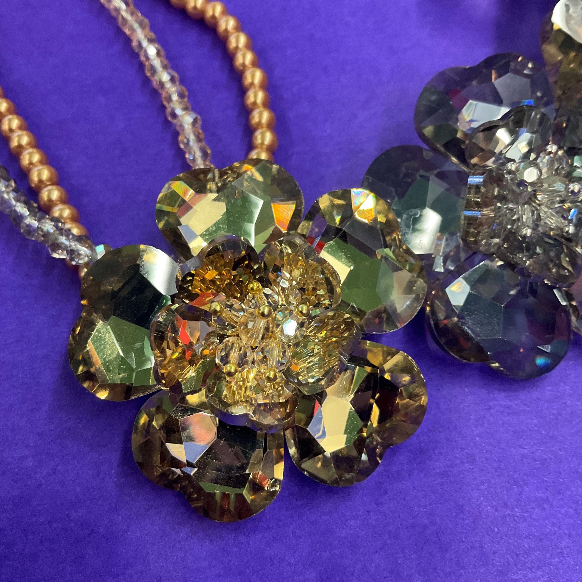 Vintage Butler and Wilson Gold and Silver Crystal Floral Statement Necklace, Mulitiple faceted crystal and faux pearl strands