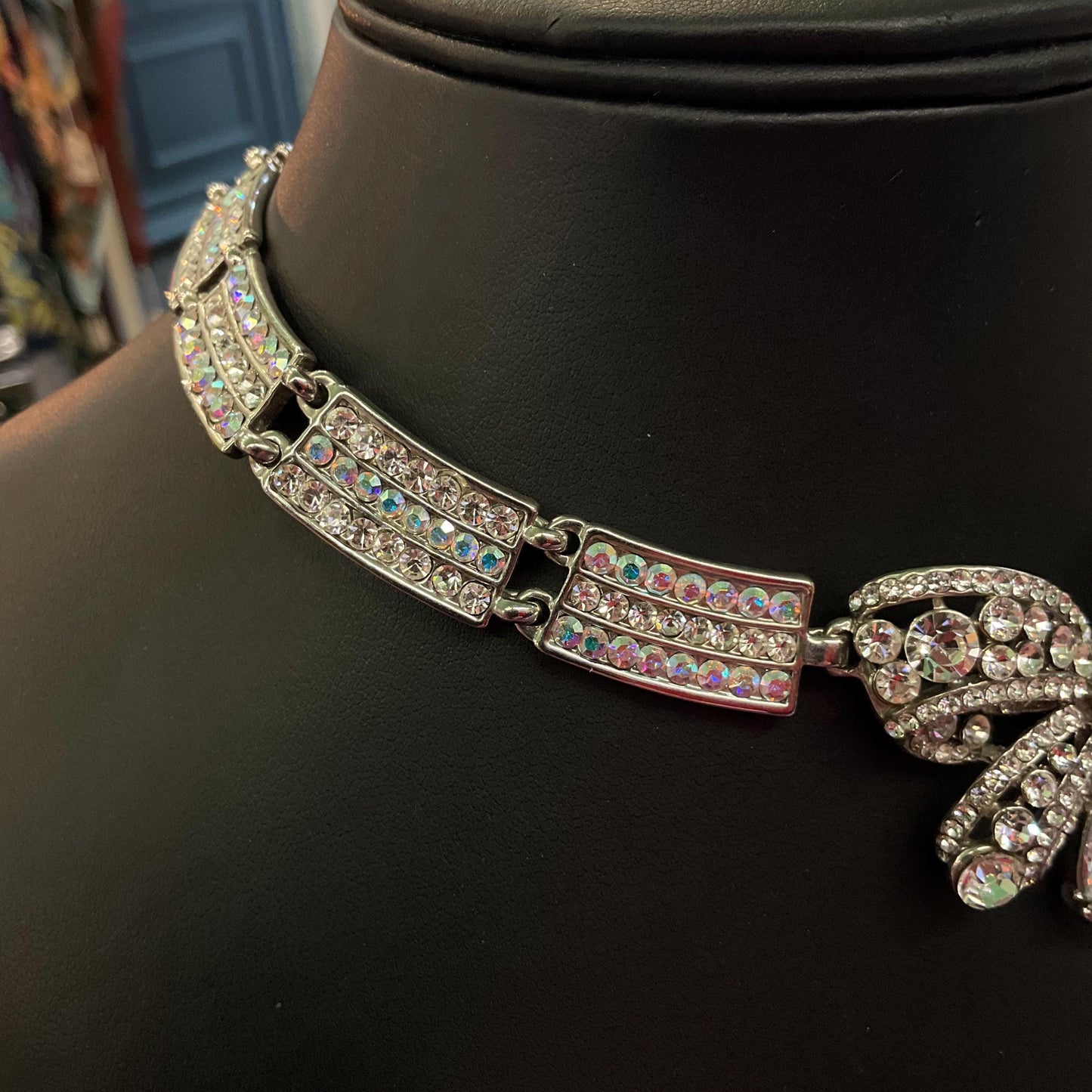 Vintage Butler and Wilson Silver Crystal Bow Panel Necklace, Art Deco Style with Borealis and Silver rhinestone Crystals