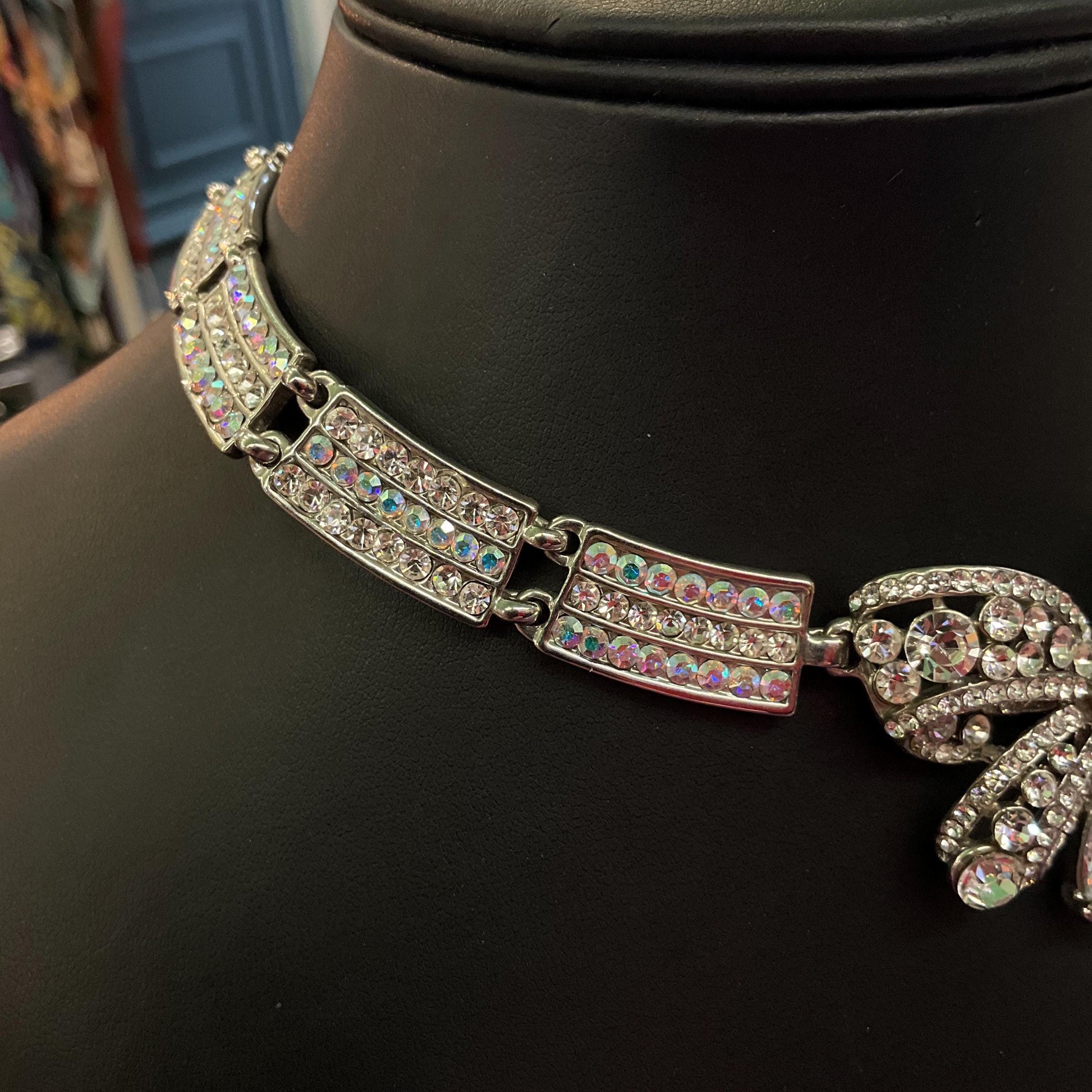 Vintage Butler and Wilson Silver Crystal Bow Panel Necklace, Art Deco Style with Borealis and Silver rhinestone Crystals