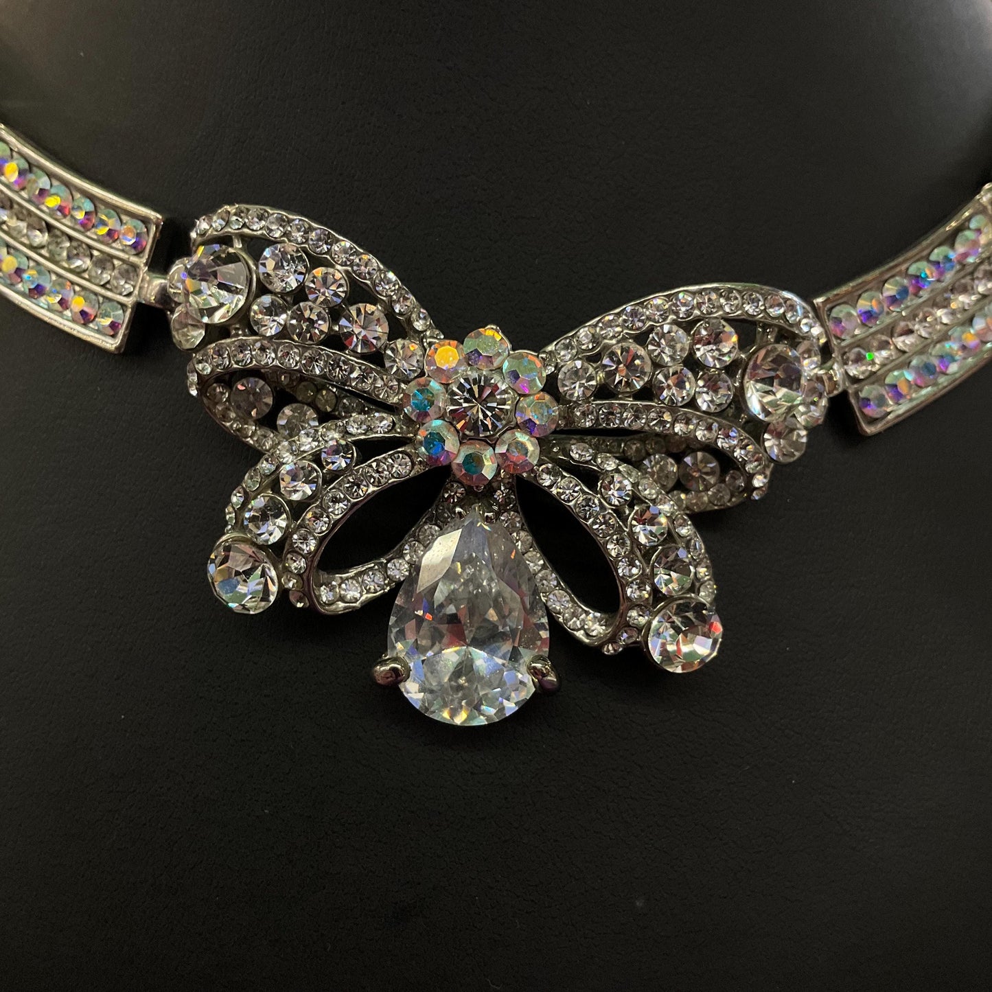 Vintage Butler and Wilson Silver Crystal Bow Panel Necklace, Art Deco Style with Borealis and Silver rhinestone Crystals