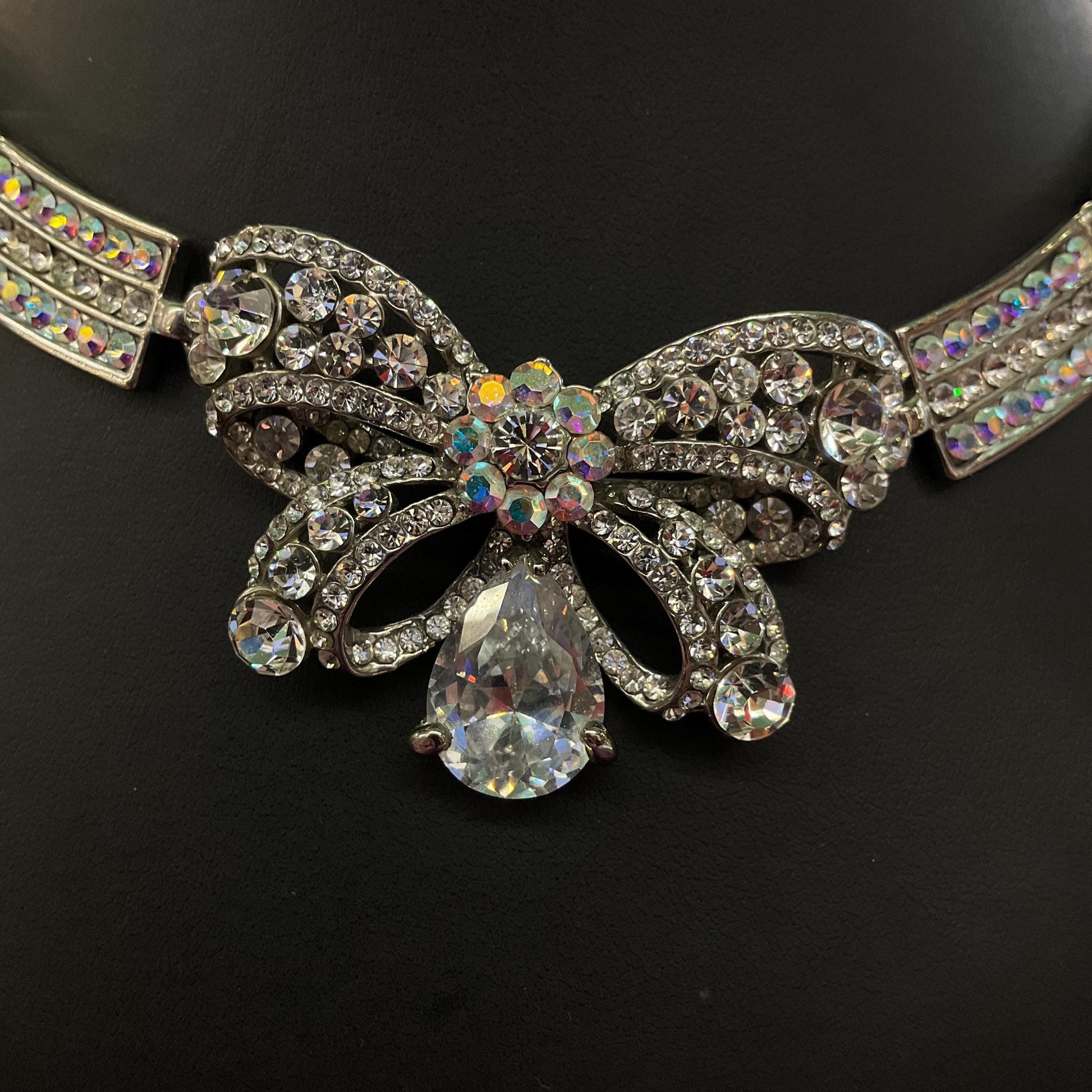 Vintage Butler and Wilson Silver Crystal Bow Panel Necklace, Art Deco Style with Borealis and Silver rhinestone Crystals