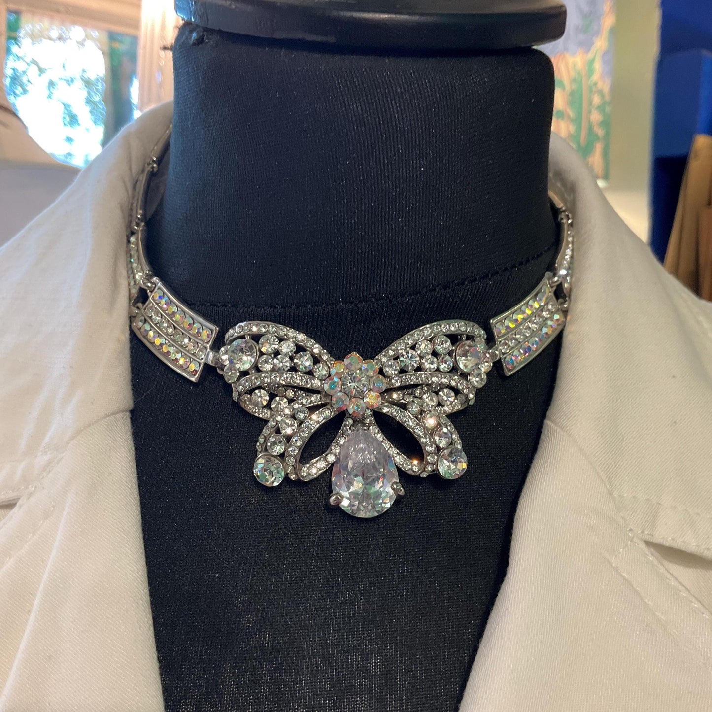 Vintage Butler and Wilson Silver Crystal Bow Panel Necklace, Art Deco Style with Borealis and Silver rhinestone Crystals