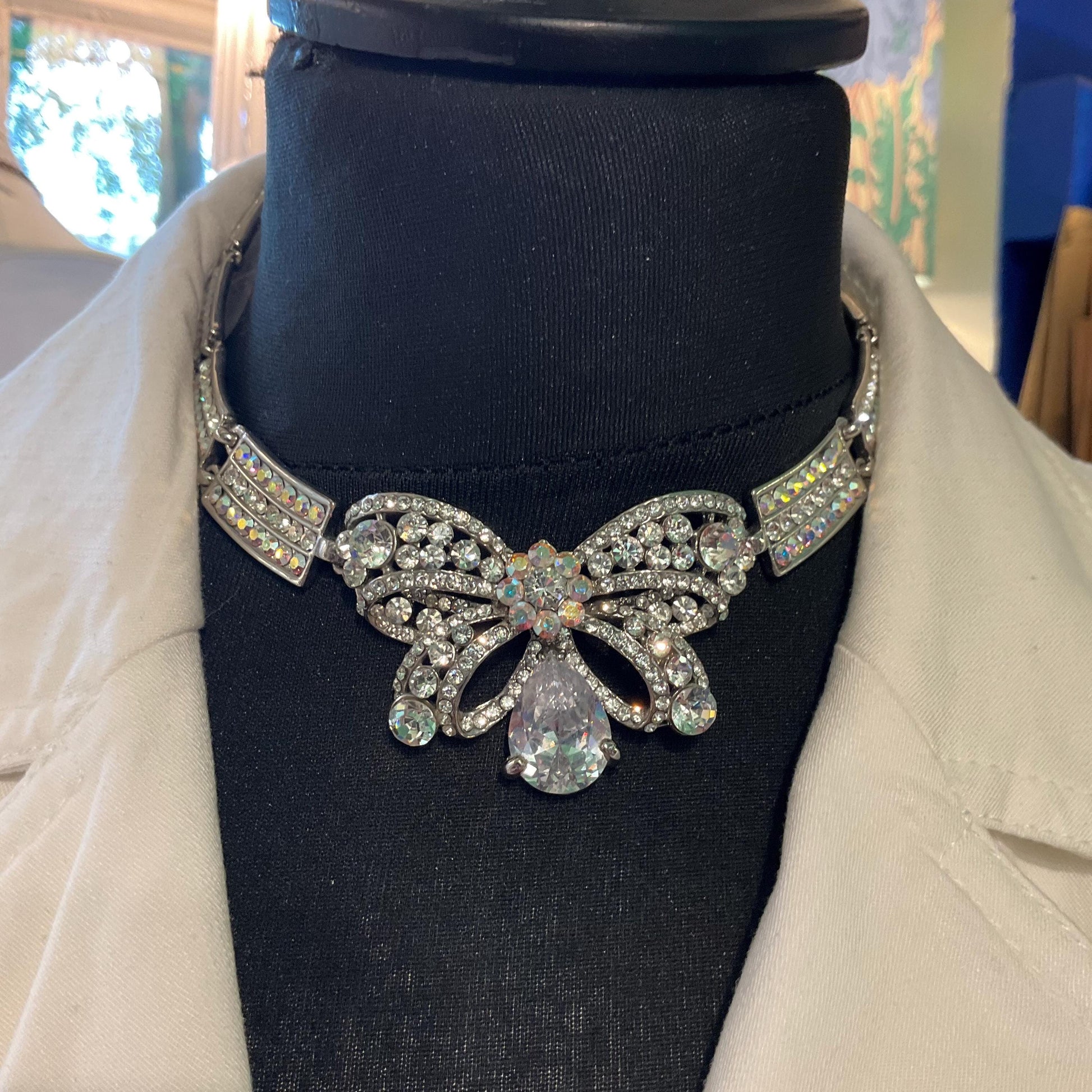 Vintage Butler and Wilson Silver Crystal Bow Panel Necklace, Art Deco Style with Borealis and Silver rhinestone Crystals