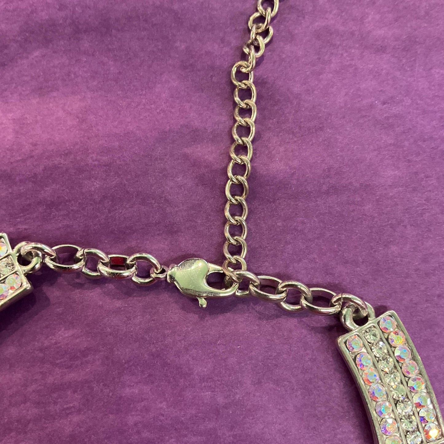 Vintage Butler and Wilson Silver Crystal Bow Panel Necklace, Art Deco Style with Borealis and Silver rhinestone Crystals