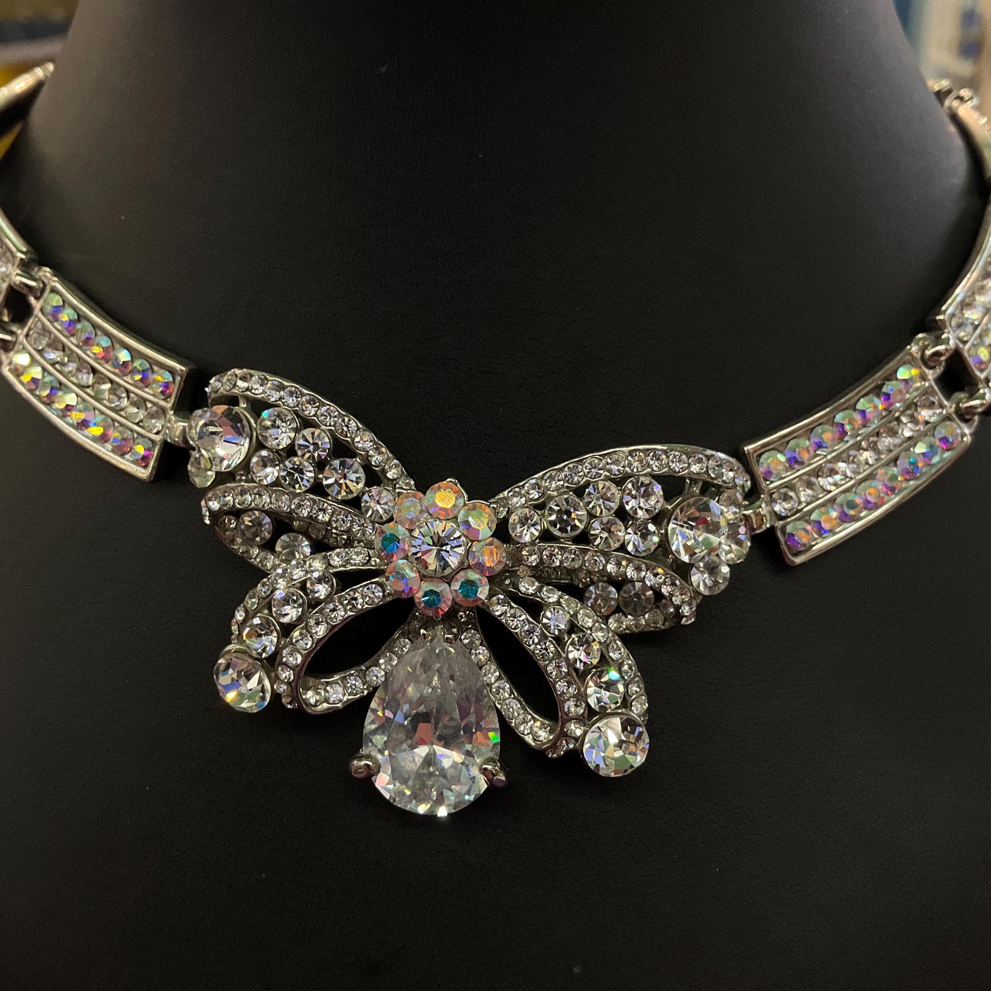 Vintage Butler and Wilson Silver Crystal Bow Panel Necklace, Art Deco Style with Borealis and Silver rhinestone Crystals