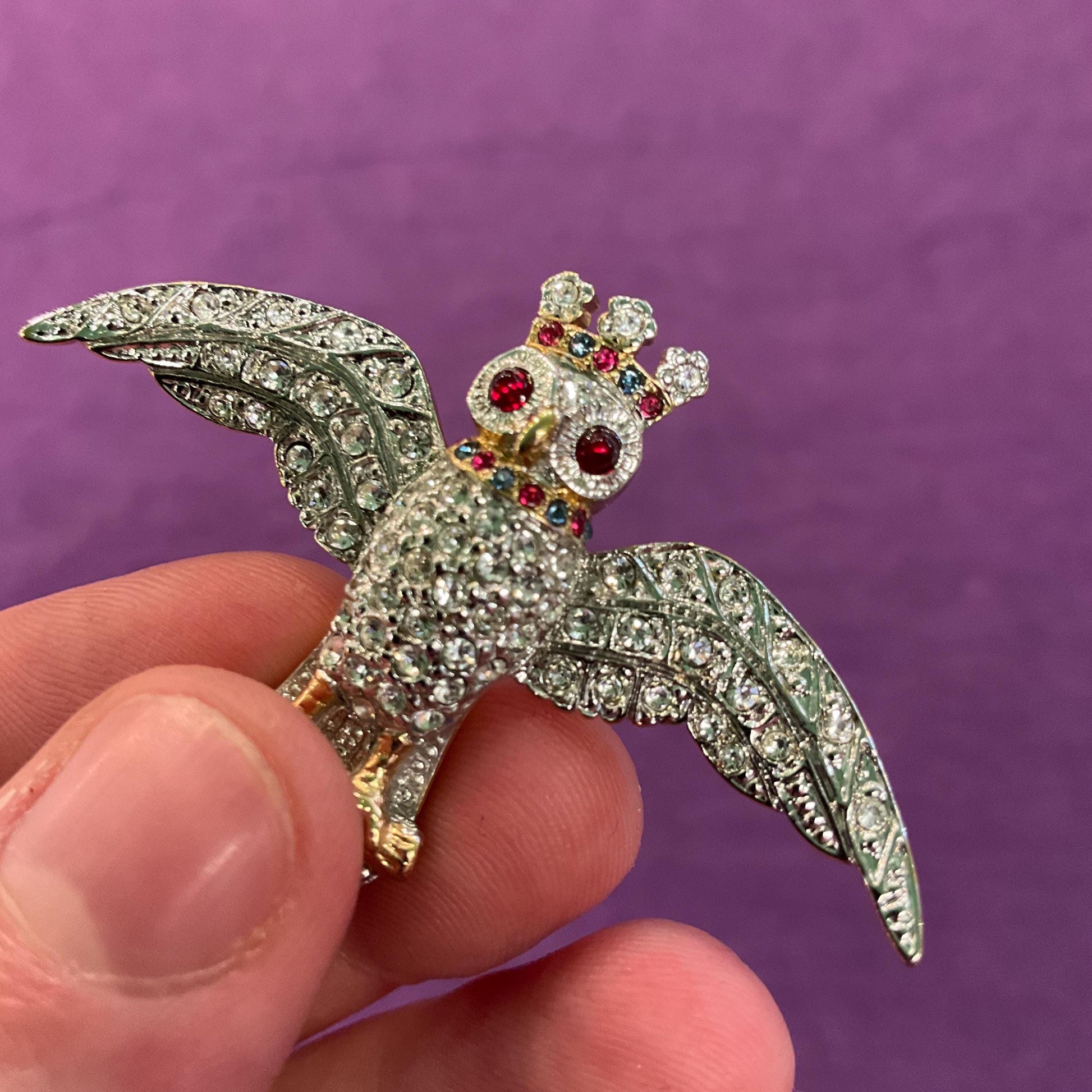 Vintage Butler and Wilson Royal Owl Crystal Brooch, Gold tone with silver and red rhinestones