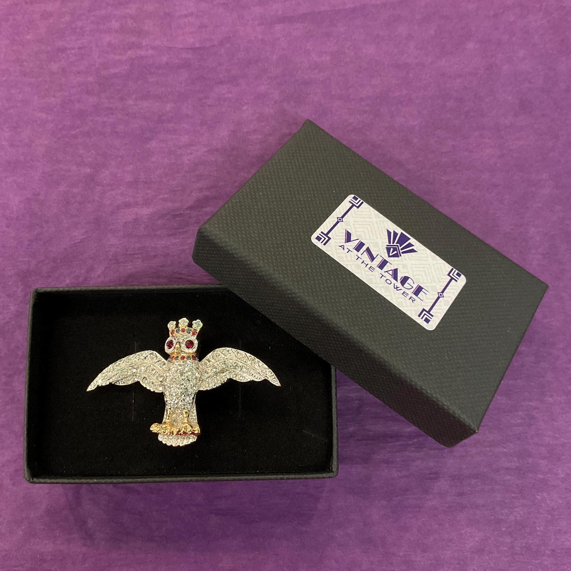 Vintage Butler and Wilson Royal Owl Crystal Brooch, Gold tone with silver and red rhinestones