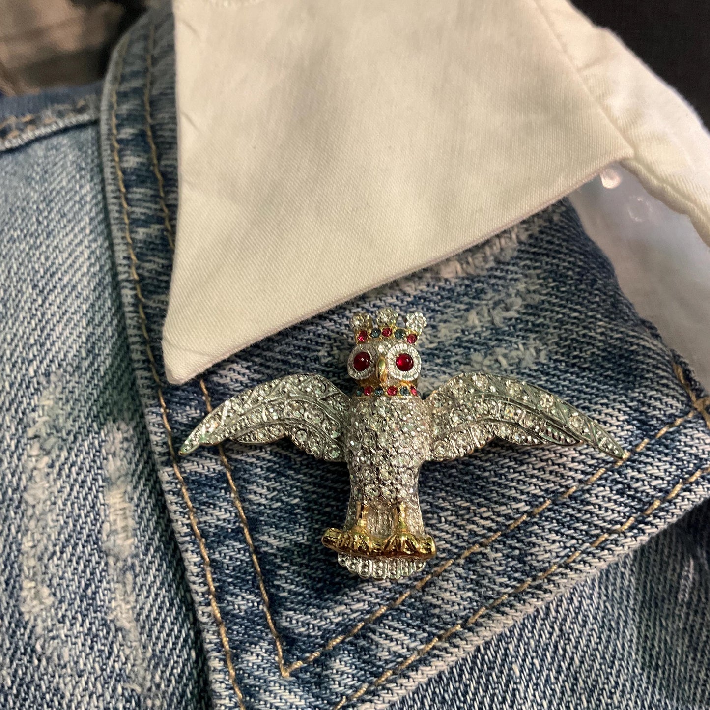 Vintage Butler and Wilson Royal Owl Crystal Brooch, Gold tone with silver and red rhinestones