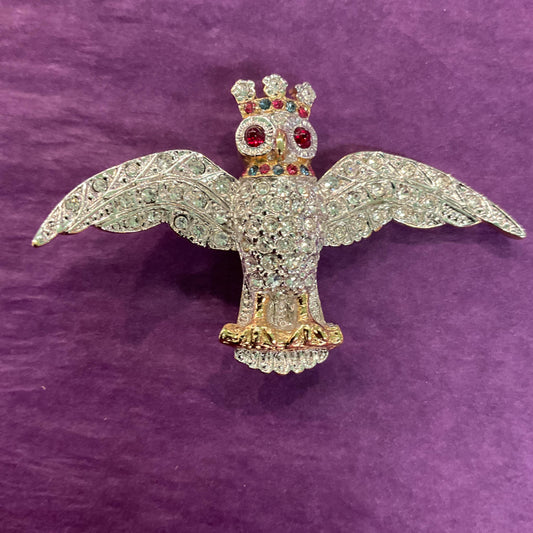 Vintage Butler and Wilson Royal Owl Crystal Brooch, Gold tone with silver and red rhinestones