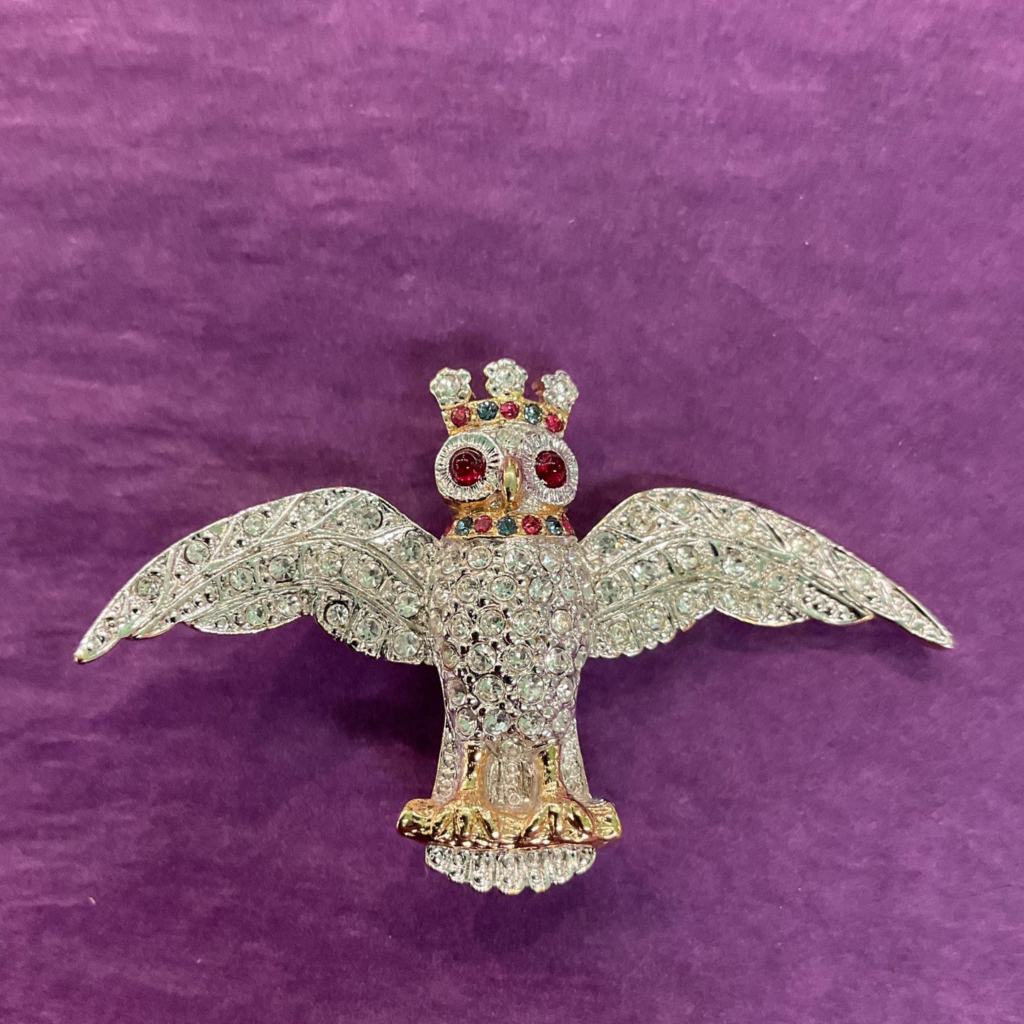 Vintage Butler and Wilson Royal Owl Crystal Brooch, Gold tone with silver and red rhinestones