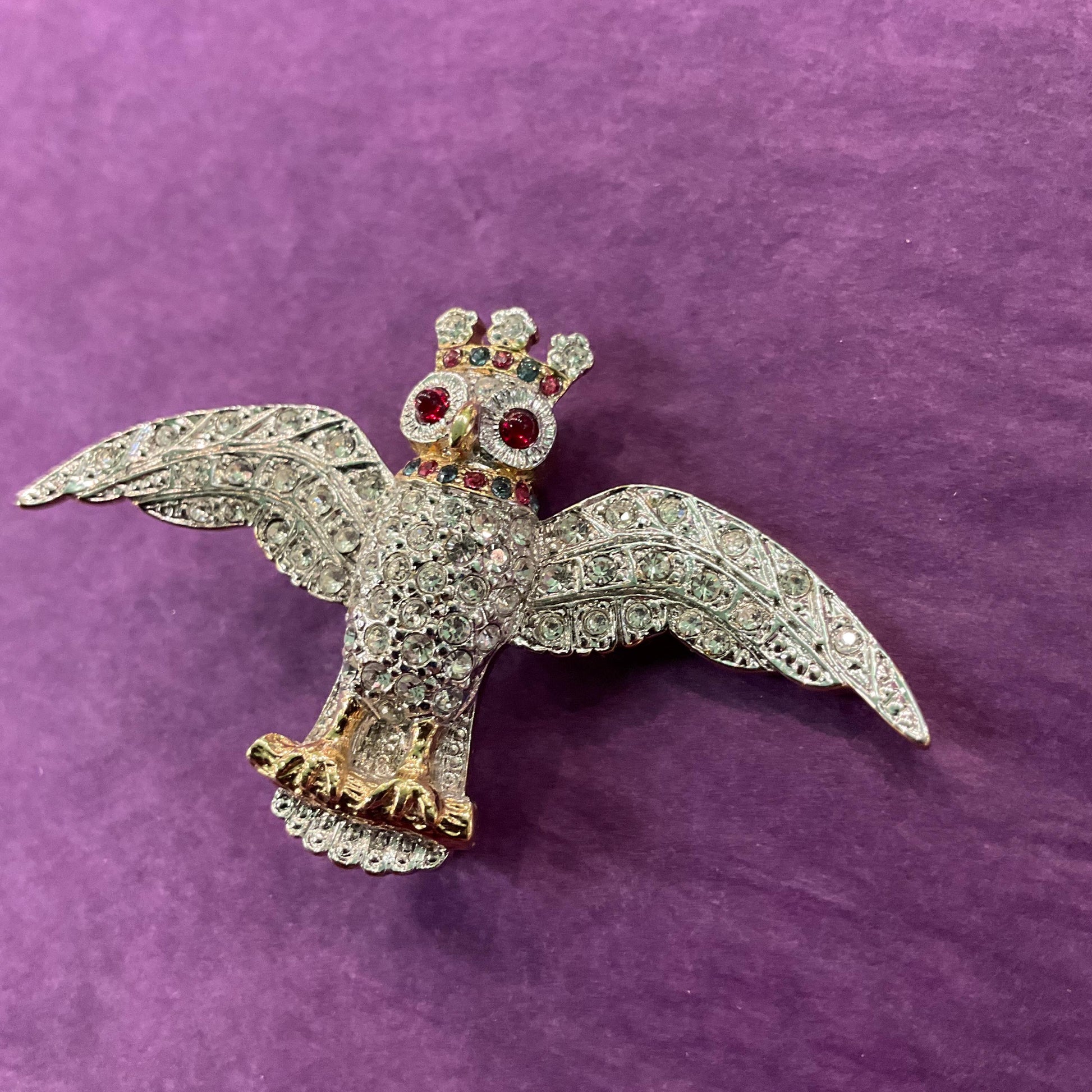 Vintage Butler and Wilson Royal Owl Crystal Brooch, Gold tone with silver and red rhinestones