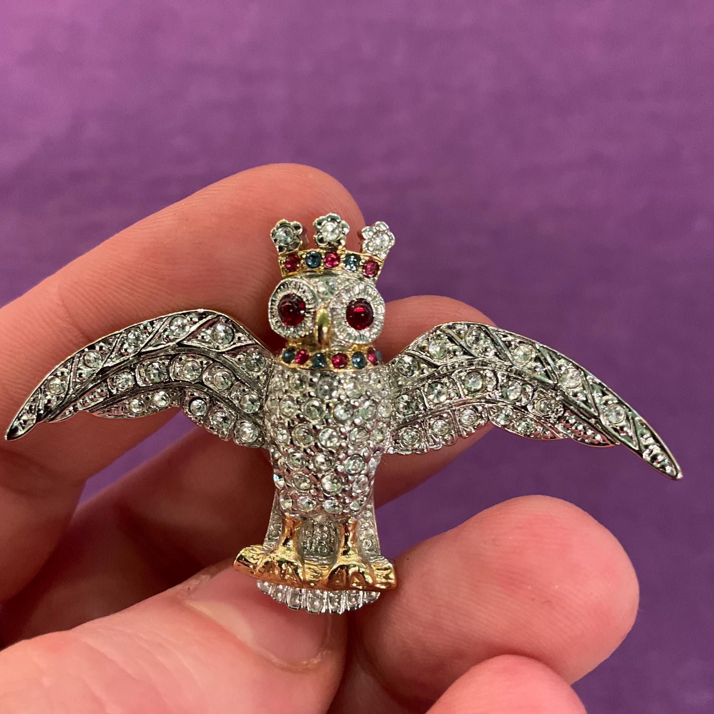 Vintage Butler and Wilson Royal Owl Crystal Brooch, Gold tone with silver and red rhinestones