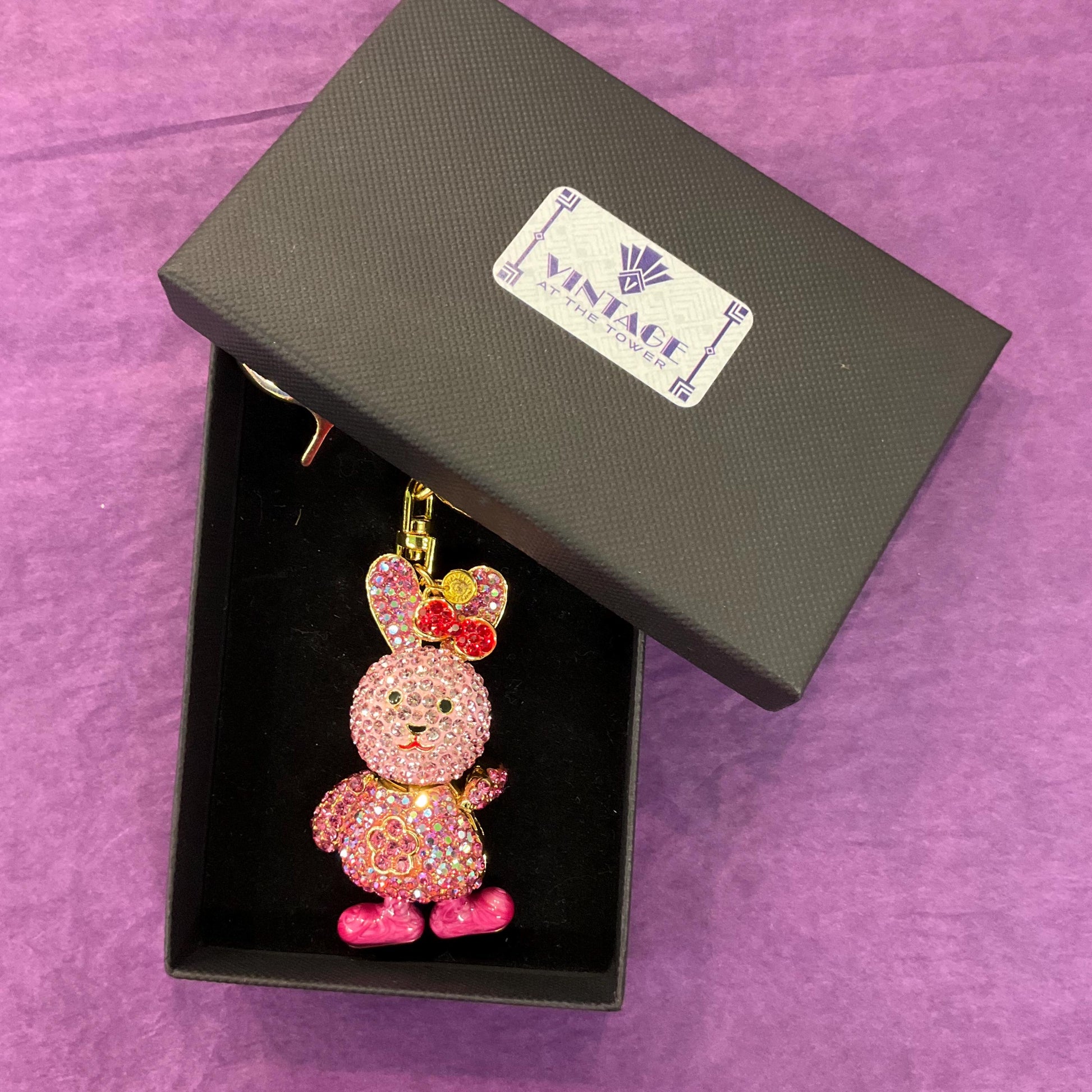 Vintage Butler and Wilson Pink Crystal Bunny Rabbit Handbag Charm or Keyring, Gold tone with Borealis Crystals and Enamel