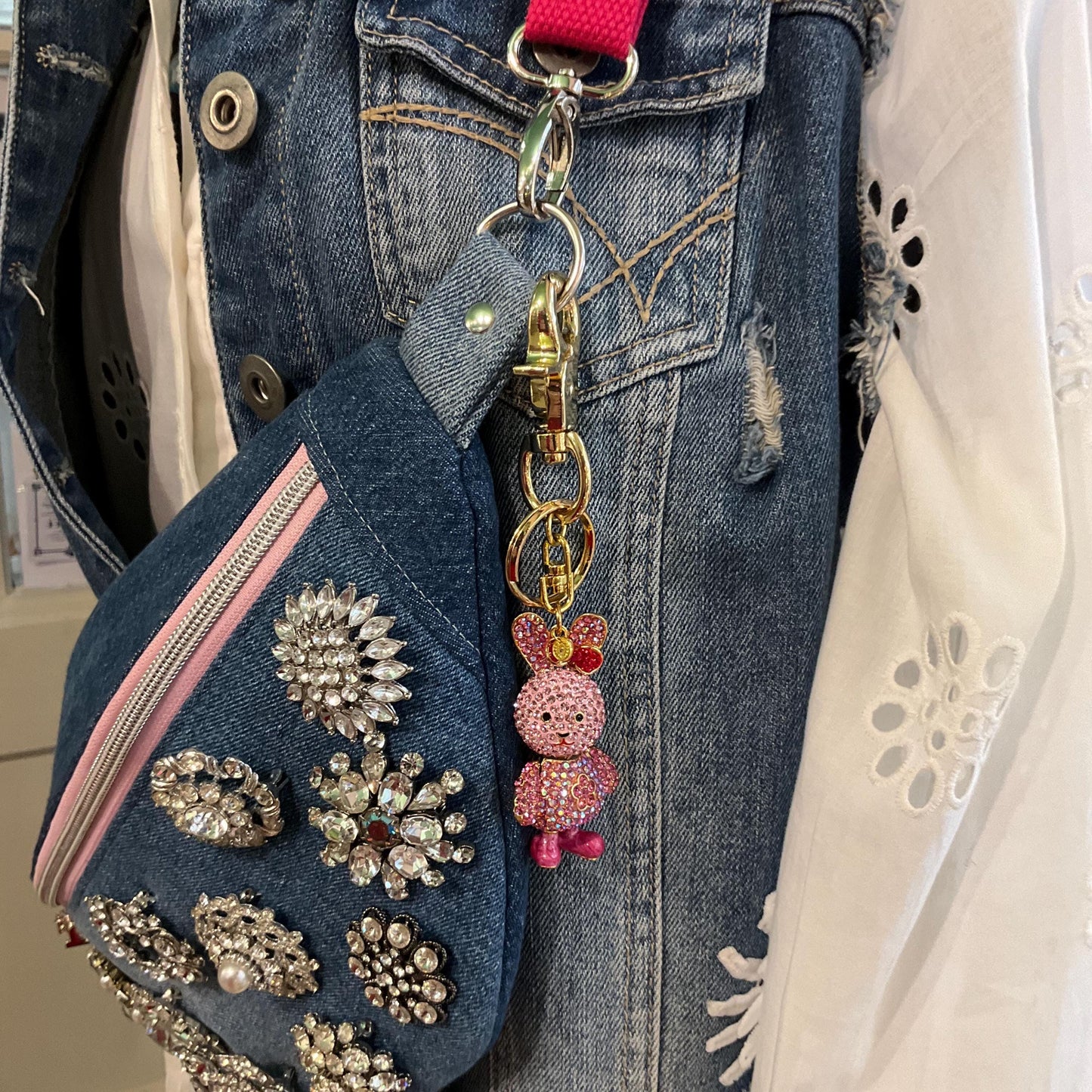 Vintage Butler and Wilson Pink Crystal Bunny Rabbit Handbag Charm or Keyring, Gold tone with Borealis Crystals and Enamel