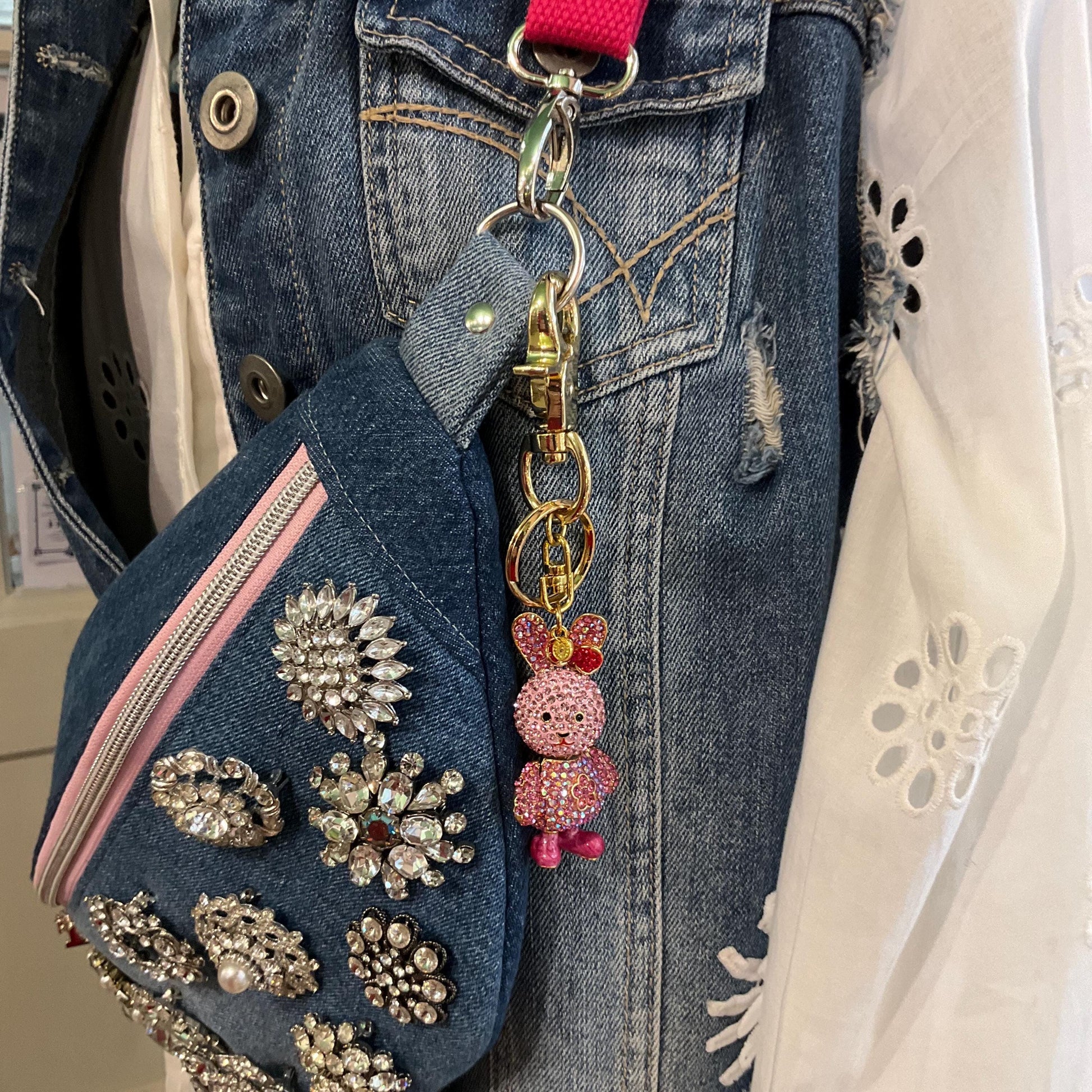 Vintage Butler and Wilson Pink Crystal Bunny Rabbit Handbag Charm or Keyring, Gold tone with Borealis Crystals and Enamel