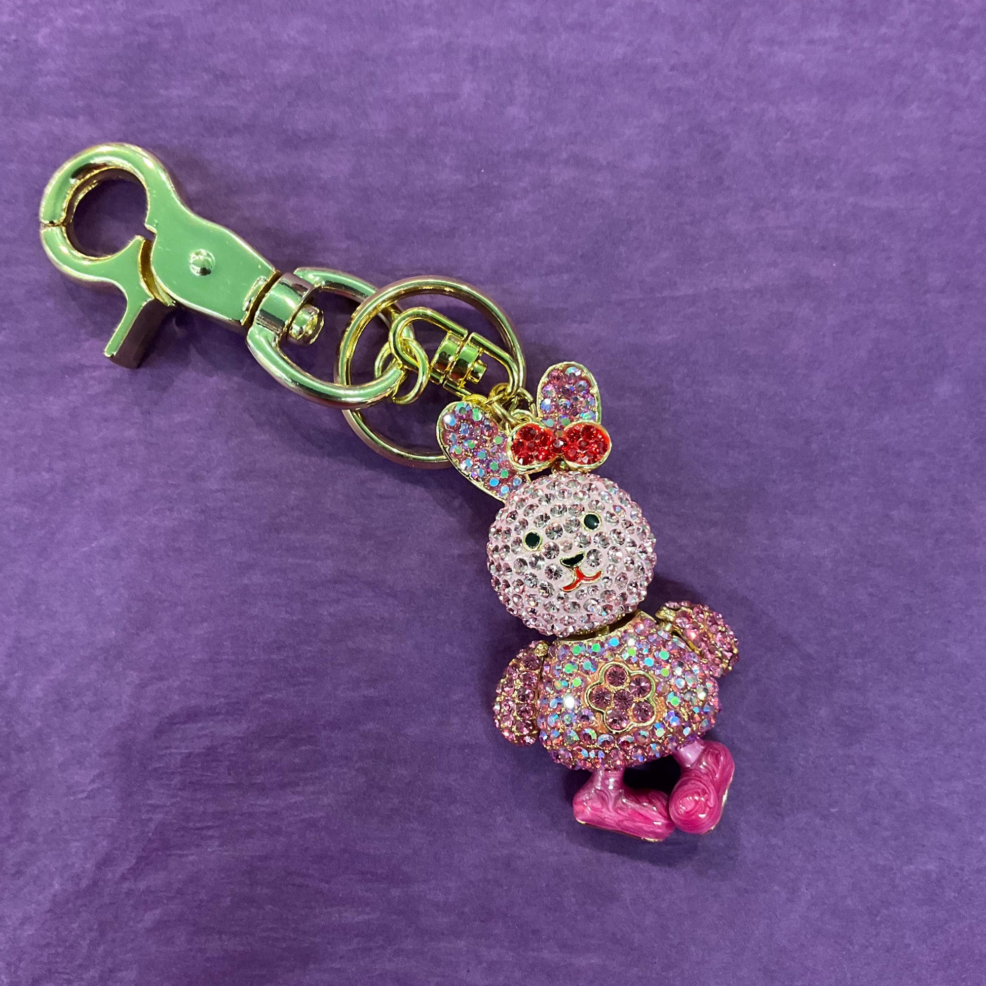 Vintage Butler and Wilson Pink Crystal Bunny Rabbit Handbag Charm or Keyring, Gold tone with Borealis Crystals and Enamel