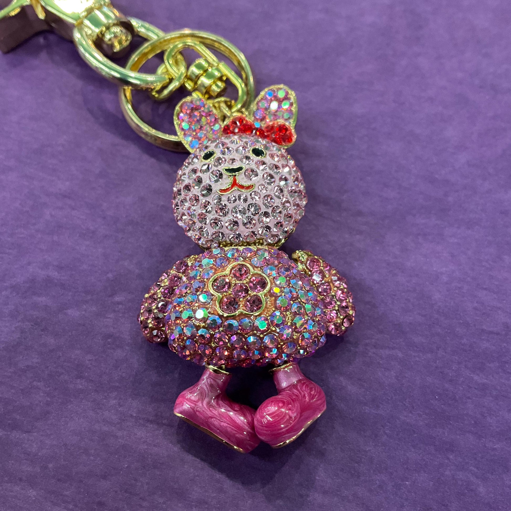 Vintage Butler and Wilson Pink Crystal Bunny Rabbit Handbag Charm or Keyring, Gold tone with Borealis Crystals and Enamel