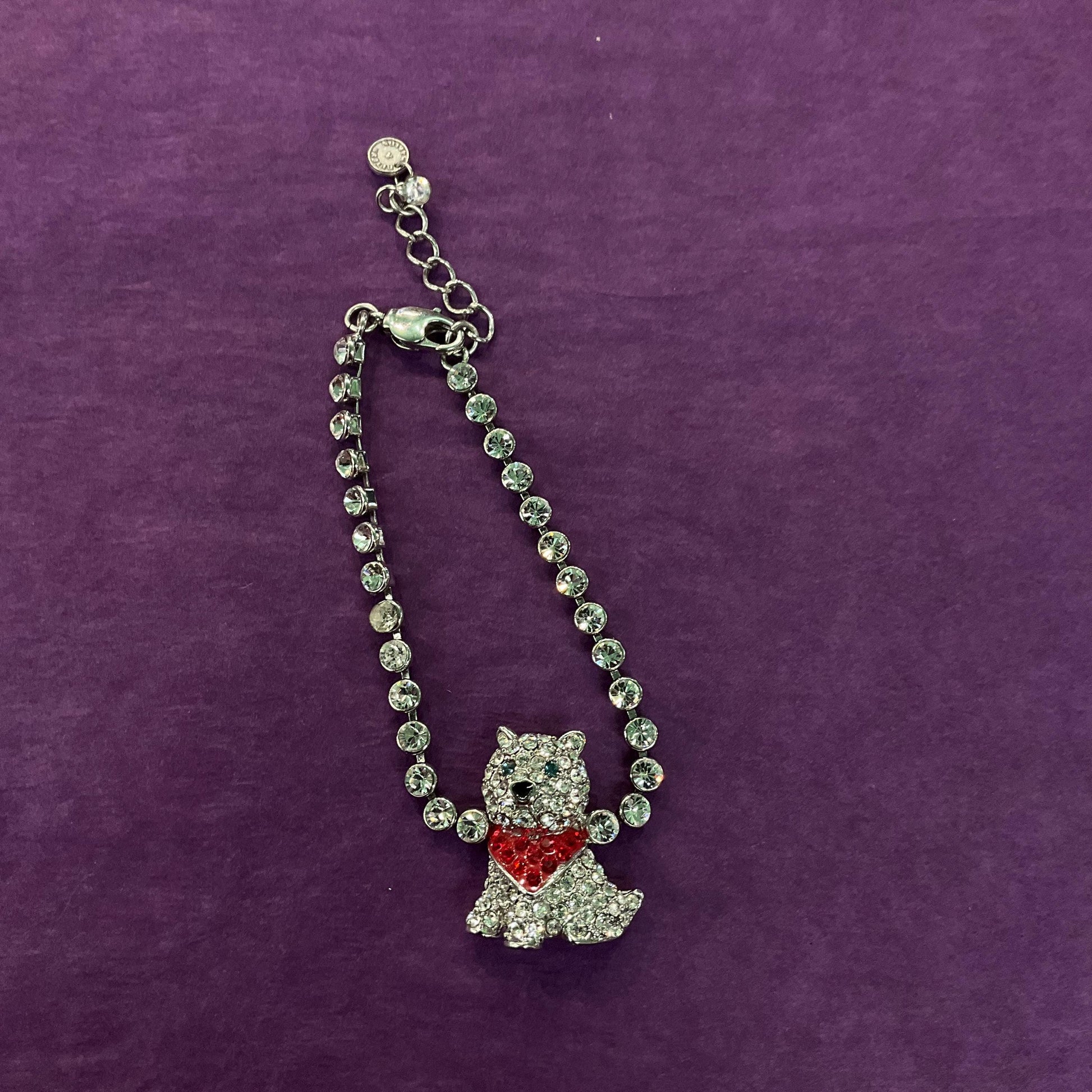 Vintage Butler and Wilson Crystal Scottie Dog Tennis Bracelet, Silver Tone with silver, red and green crystal rhinestones