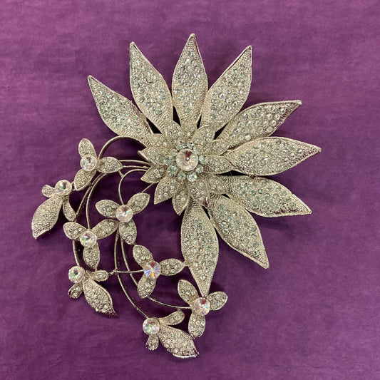 Vintage Silver Crystal Oversized Floral Brooch or Bridal Hairpiece, Silver tone with silver rhinestones