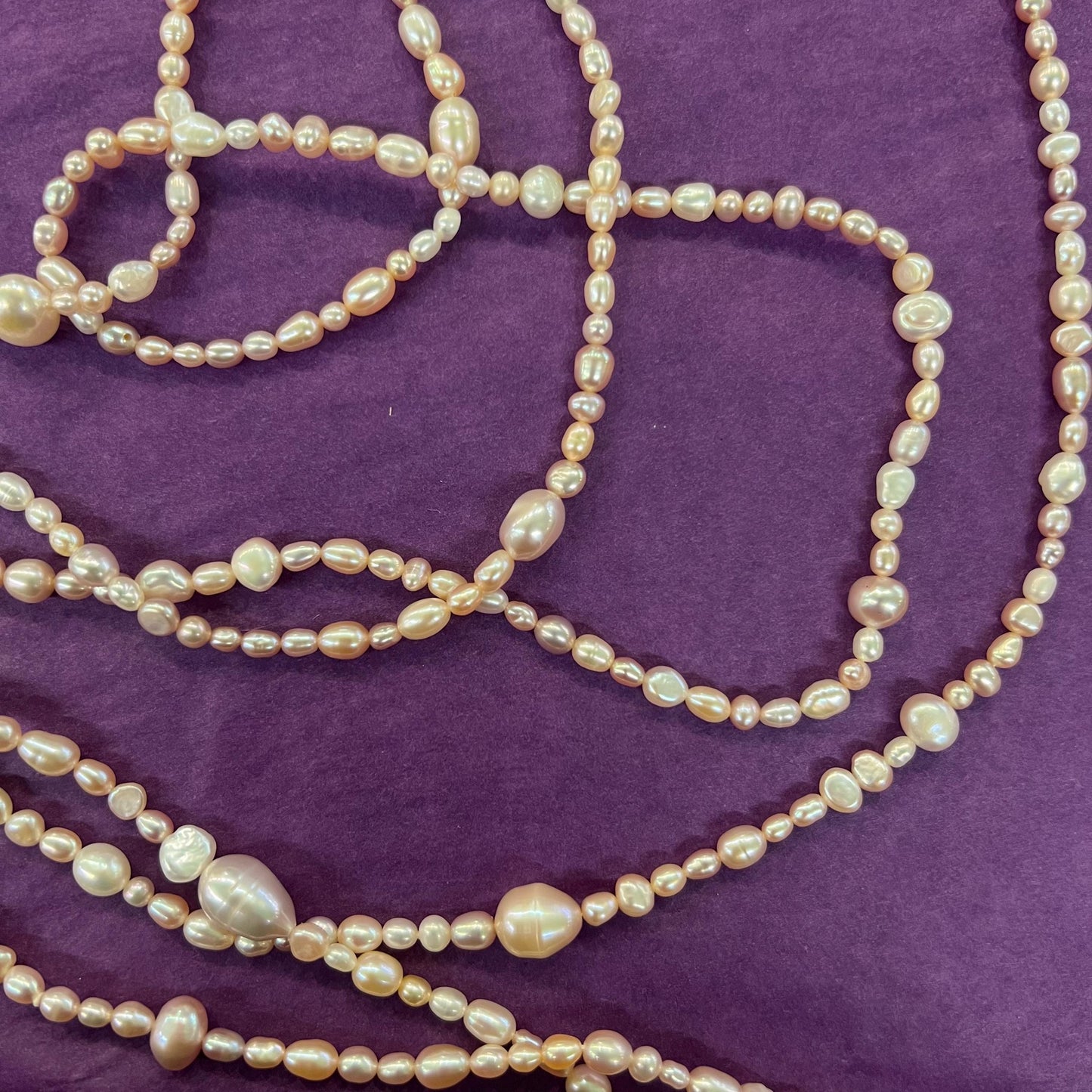 Vintage Fresh Water Pearl Flapper Length Pale Pink/ Oyster Beads , organic rice shaped and circular pearls