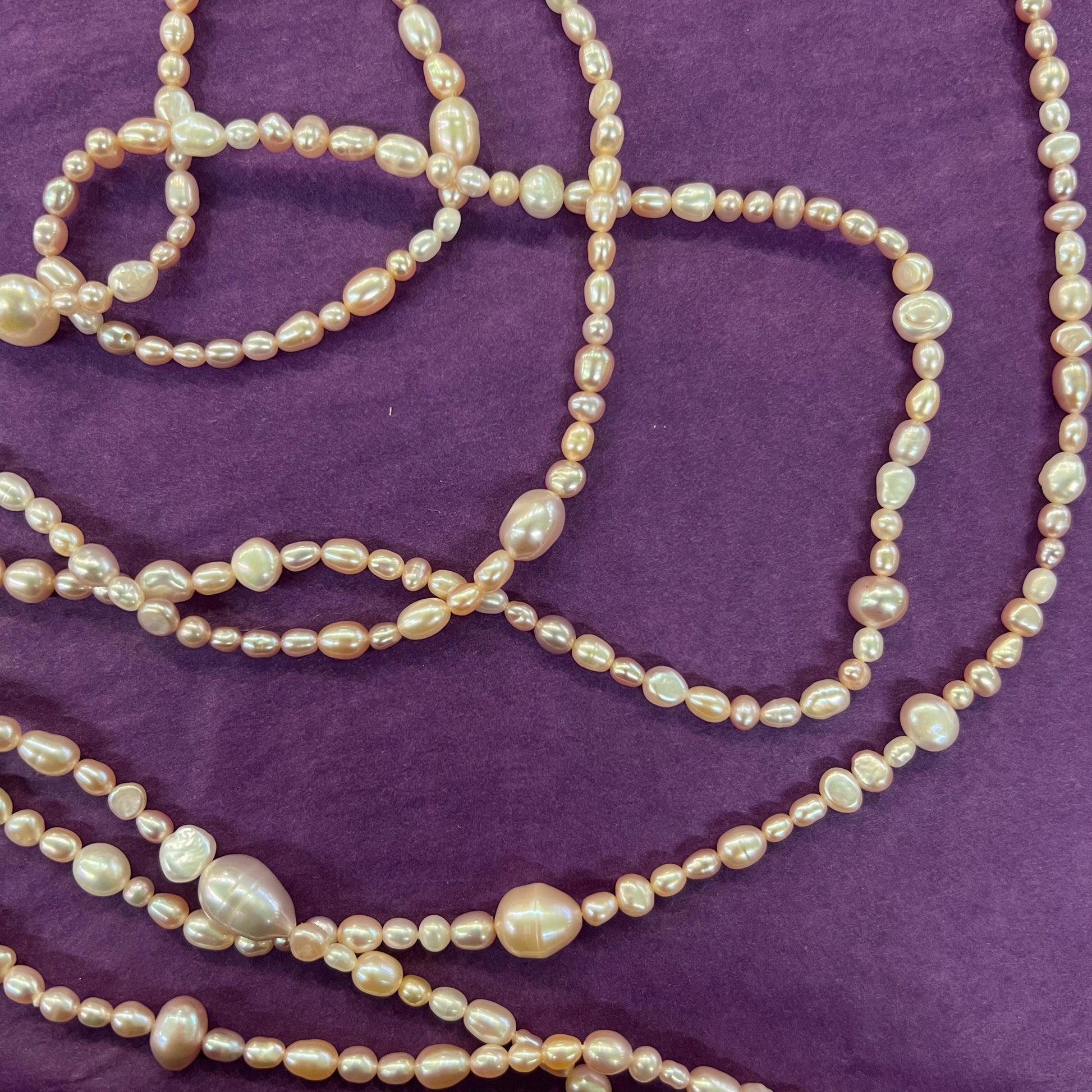 Vintage Fresh Water Pearl Flapper Length Pale Pink/ Oyster Beads , organic rice shaped and circular pearls
